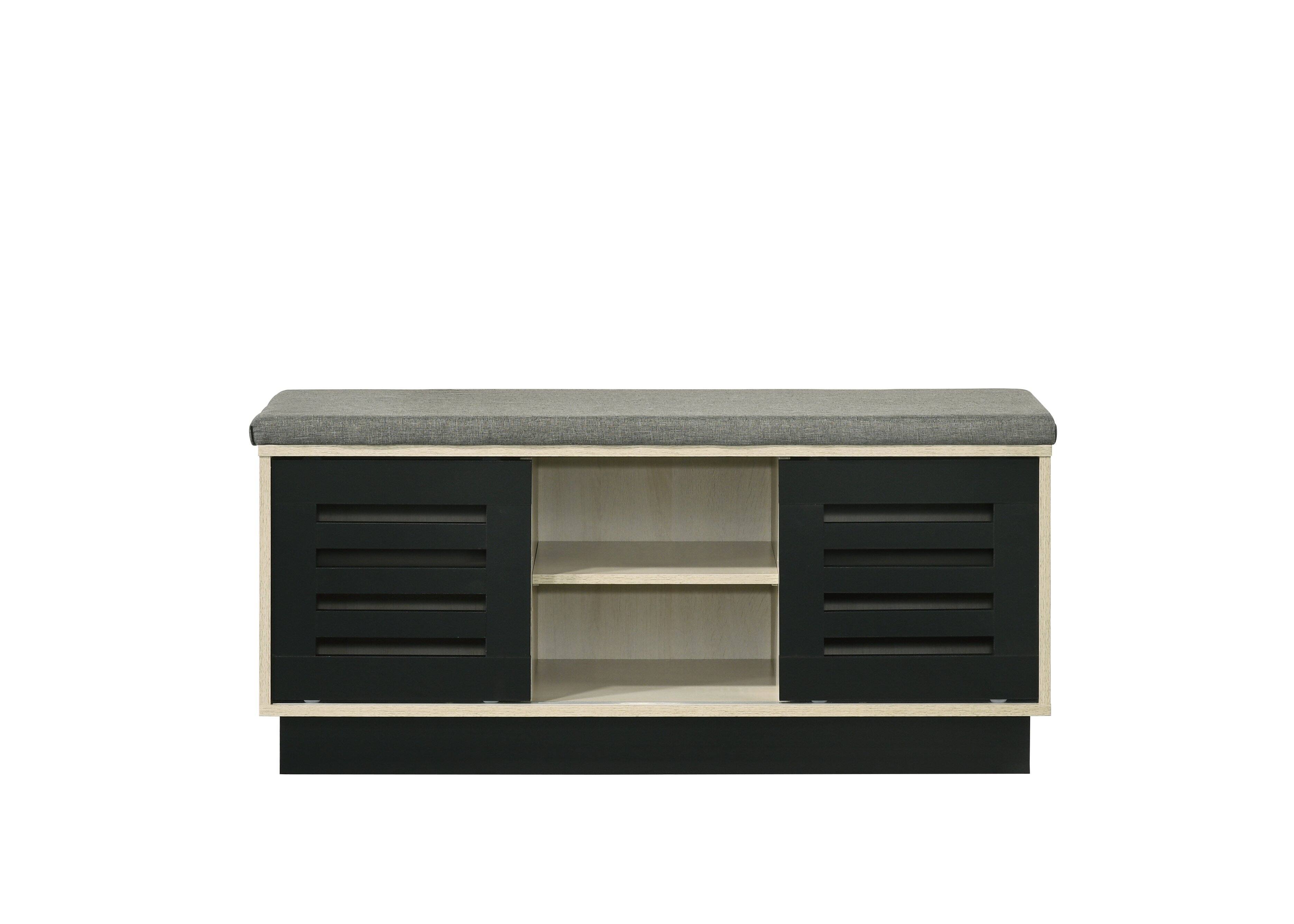 Left. TinyHomie - Brett 38.5in W Oak Finish Shoe Cabinet with Sliding Doors Upholstered Top - Oak.