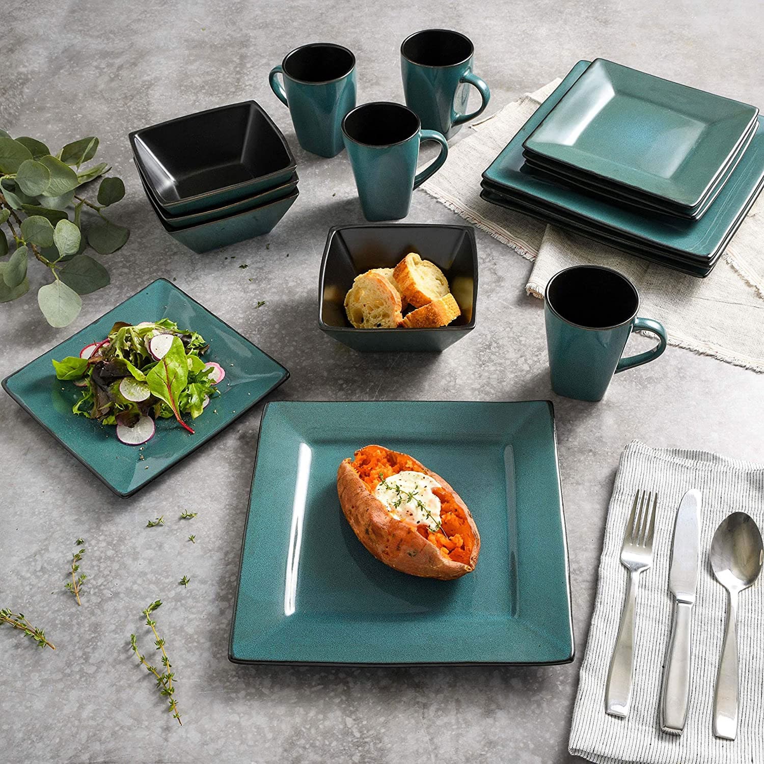Gibson - Elite Kiesling 16 Piece Plates, Bowls, & Mugs Dinnerware Set - Turquoise