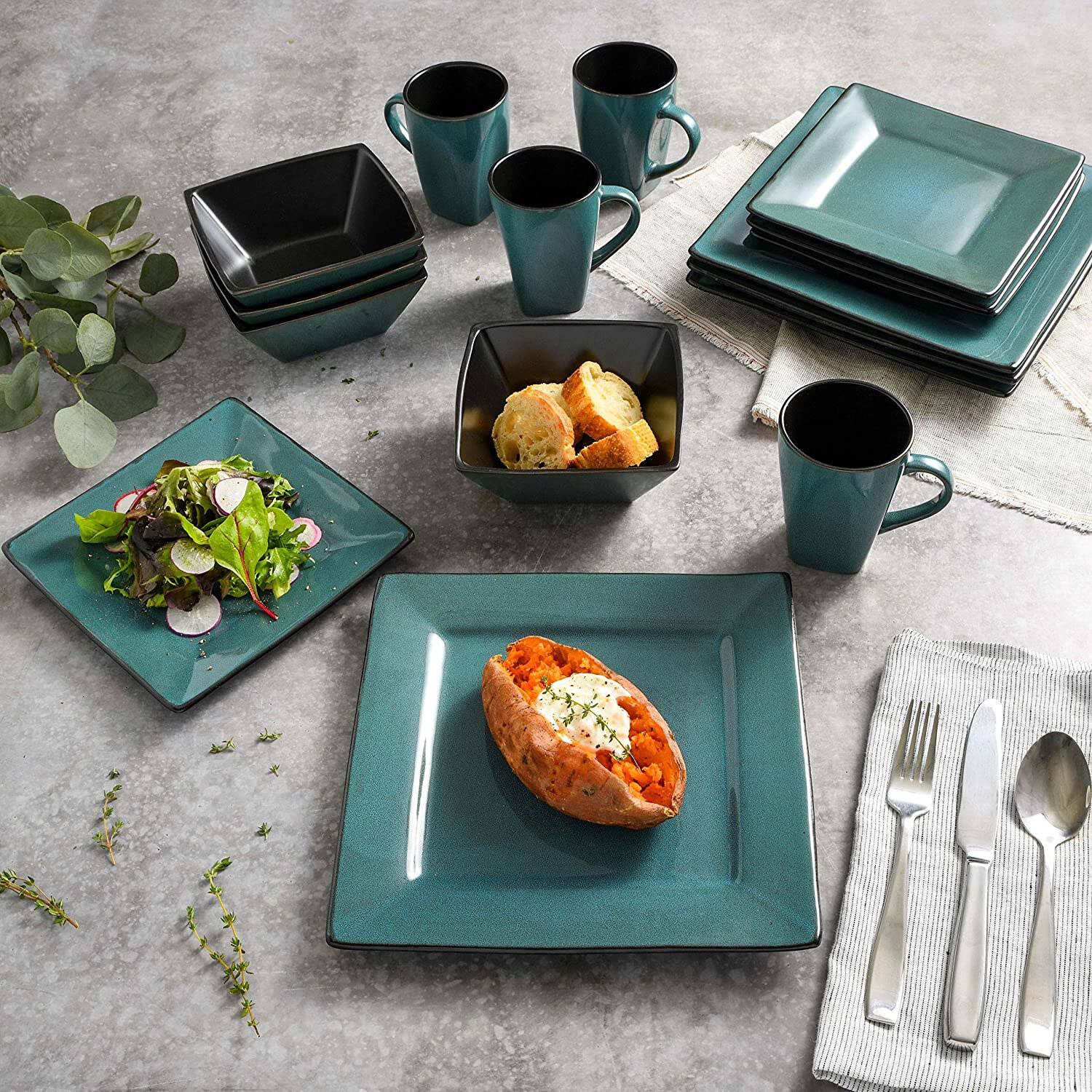 Alt View 10. Gibson - Gibson Elite Kiesling 16 Piece Plates, Bowls, & Mugs Dinnerware Set, Turquoise - Turquoise.