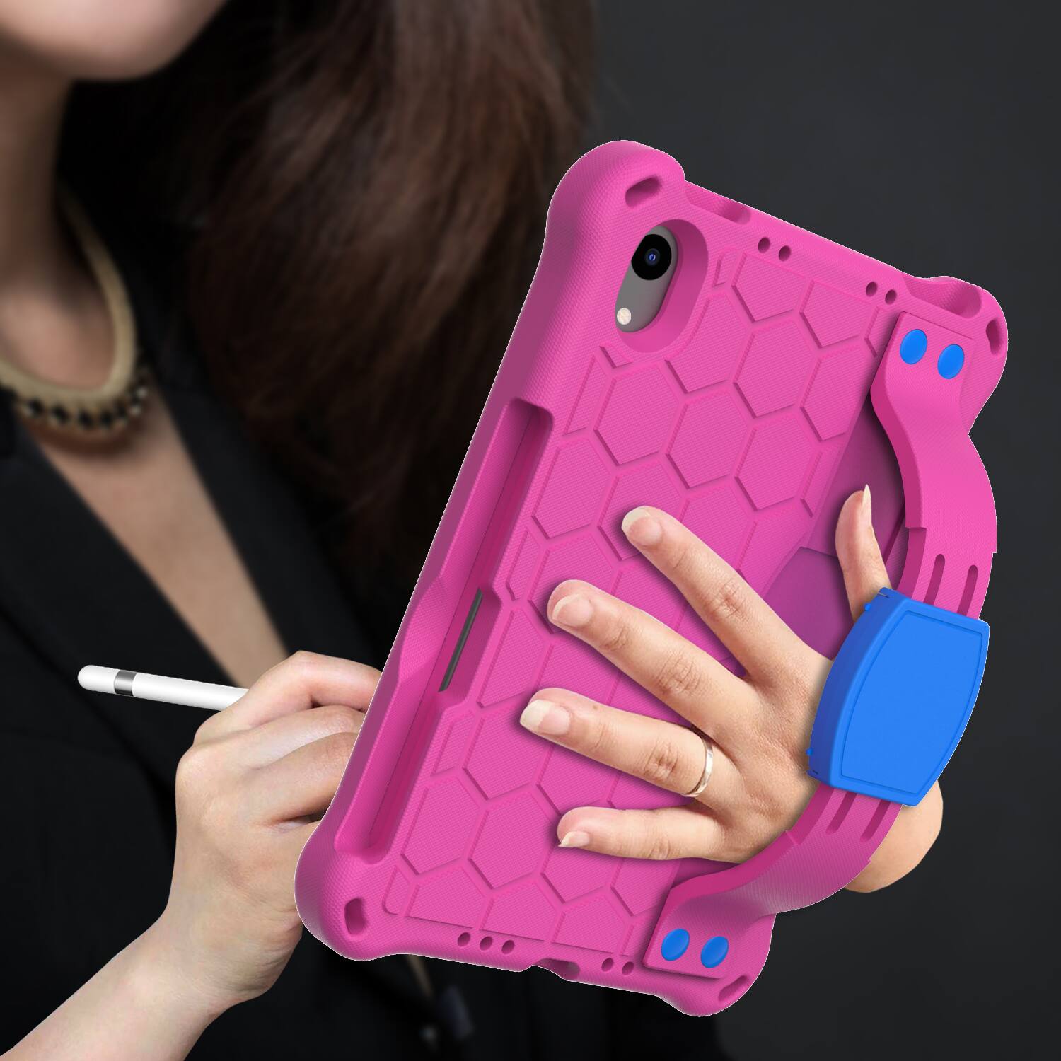 Back. UUCOVER - Kids Case for iPad mini A17 Pro 2024/iPad mini 6th Gen 8.3-inch 2021 Shockproof EVA+TPU Stand Cover with Shoulder Strap - Rose + Blue.
