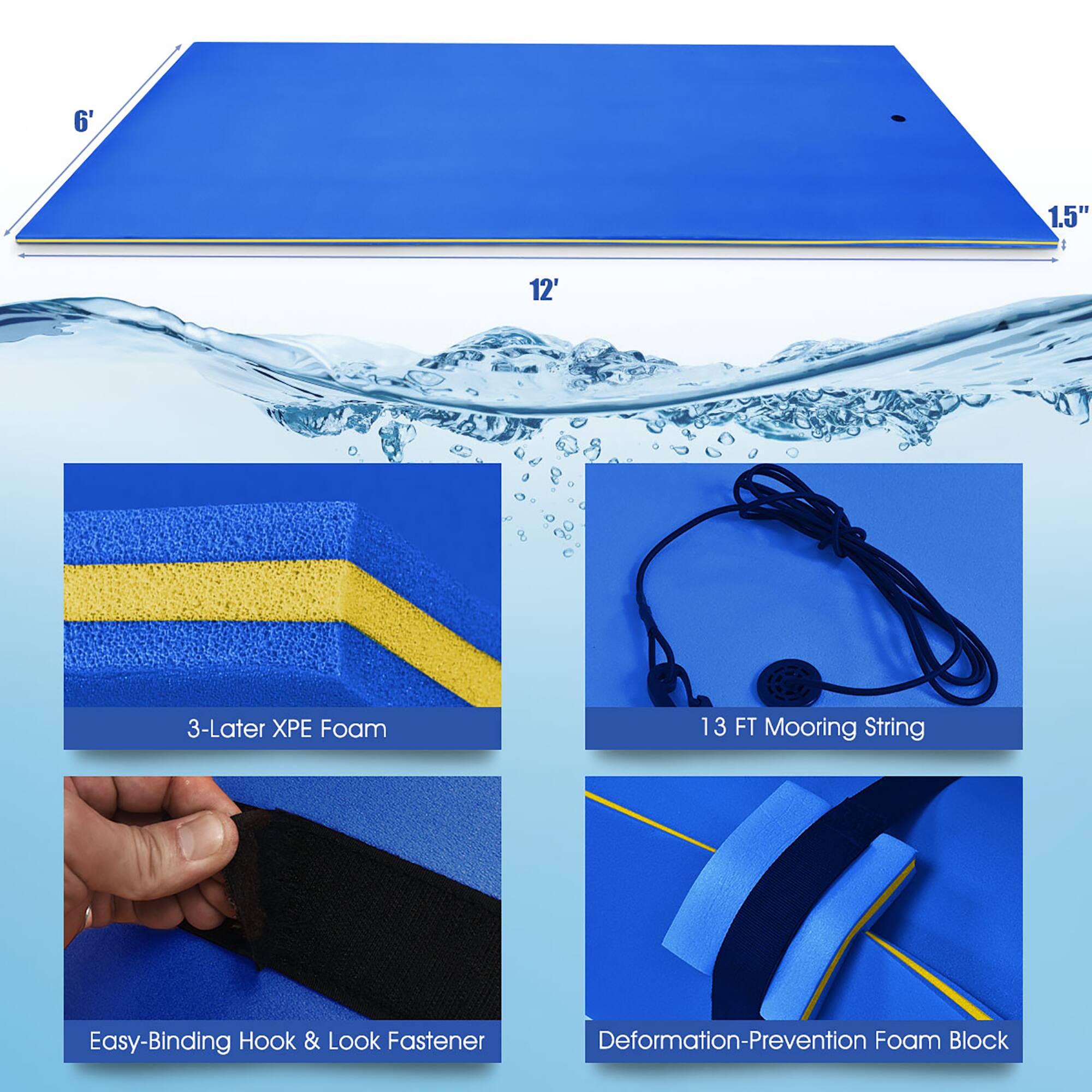 6' 1.5" x 12' 3-Layer XPE Foam 13 FT Mooring String Easy-Binding Hook & Loop Fastener Deformation-Prevention Foam Block