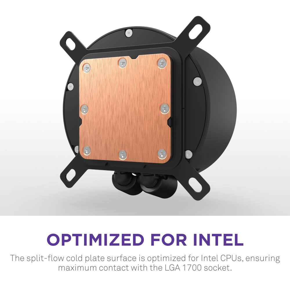 The image features a close-up of a black and gold box with a split-flow cold plate surface. The box is optimized for Intel CPUs, providing maximum contact with the LGA 1700 socket. The split-flow cold plate surface is designed to ensure efficient cooling and optimal performance for Intel CPUs.