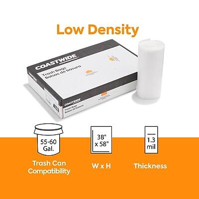 Low Density  
COASTWIDE Bags  
Trash Bags  
Bolsas de Basura  

Trash Can Compatibility: 55-60 Gal.  
W x H: 38" x 58"  
Thickness: 1.3 mil