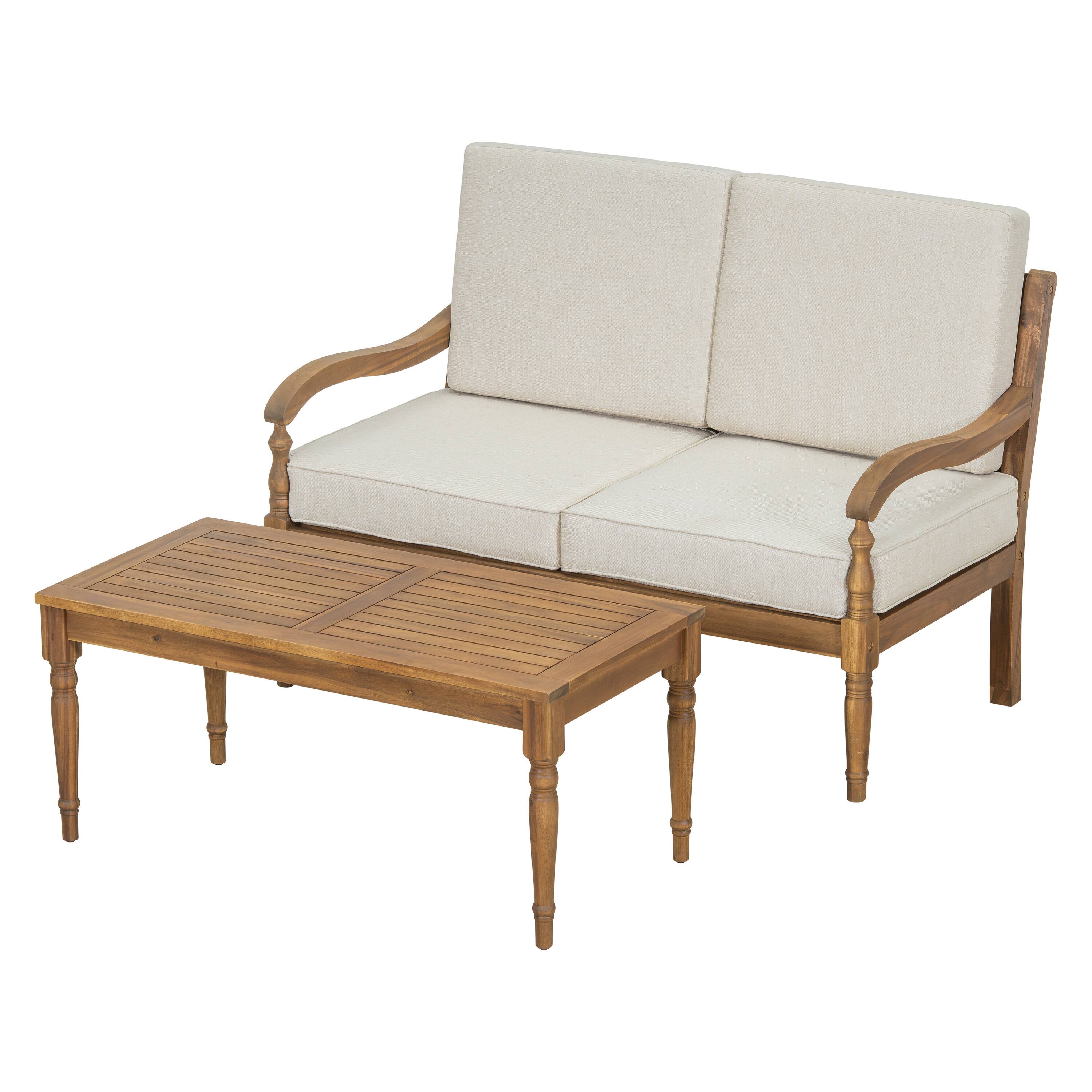 Left. Siljoy - 2 Piece Sofa Seating Group with Cushions, Outdoor Acacia Wood Patio Seating Group,Natural+Beige - Beige+Natural.