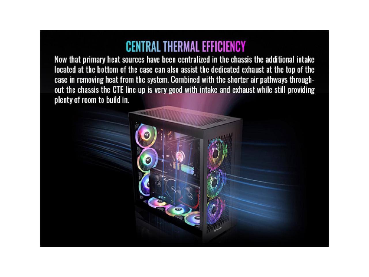 CENTRAL THERMAL EFFICIENCY

Now that primary heat sources have been centralized in the chassis, the additional intake located at the bottom of the case can also assist the dedicated exhaust at the top of the case in removing heat from the system. Combined with the shorter air pathways throughout the chassis, the TE line up is very good with intake and exhaust while still providing plenty of room to build in.