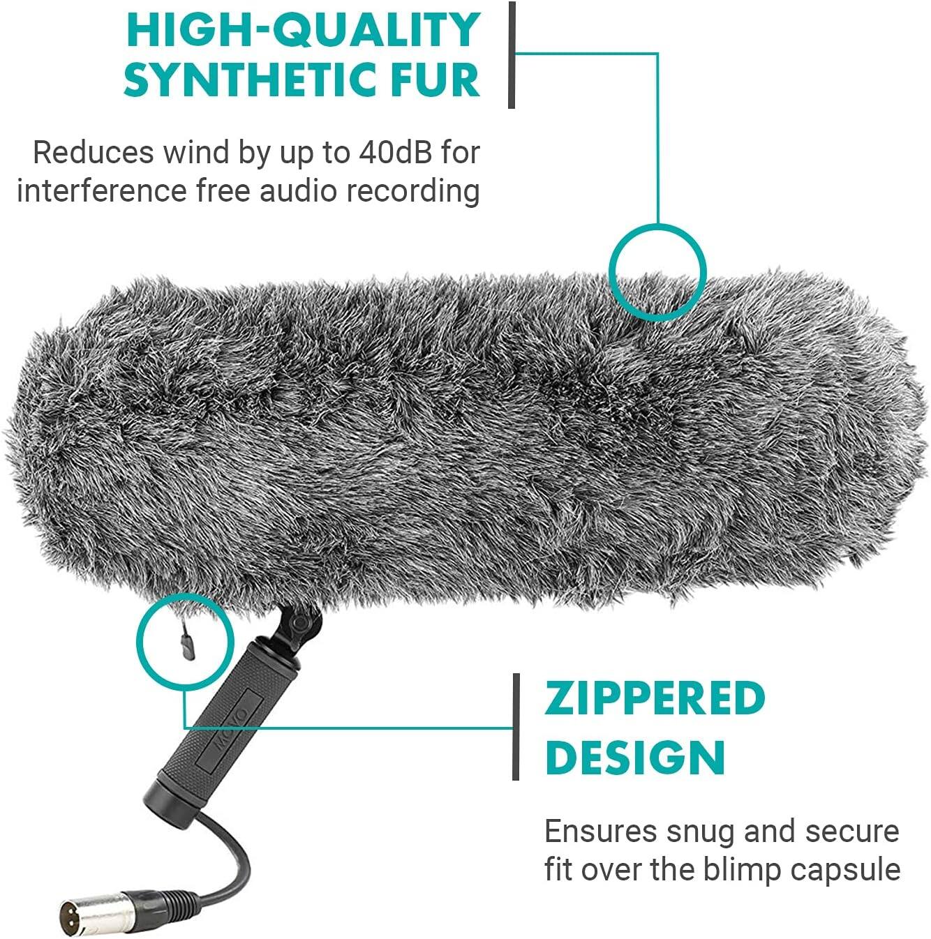 **HIGH-QUALITY SYNTHETIC FUR**

Reduces wind by up to 40dB for interference-free audio recording

**ZIPPERED DESIGN**

Ensures snug and secure fit over the blimp capsule