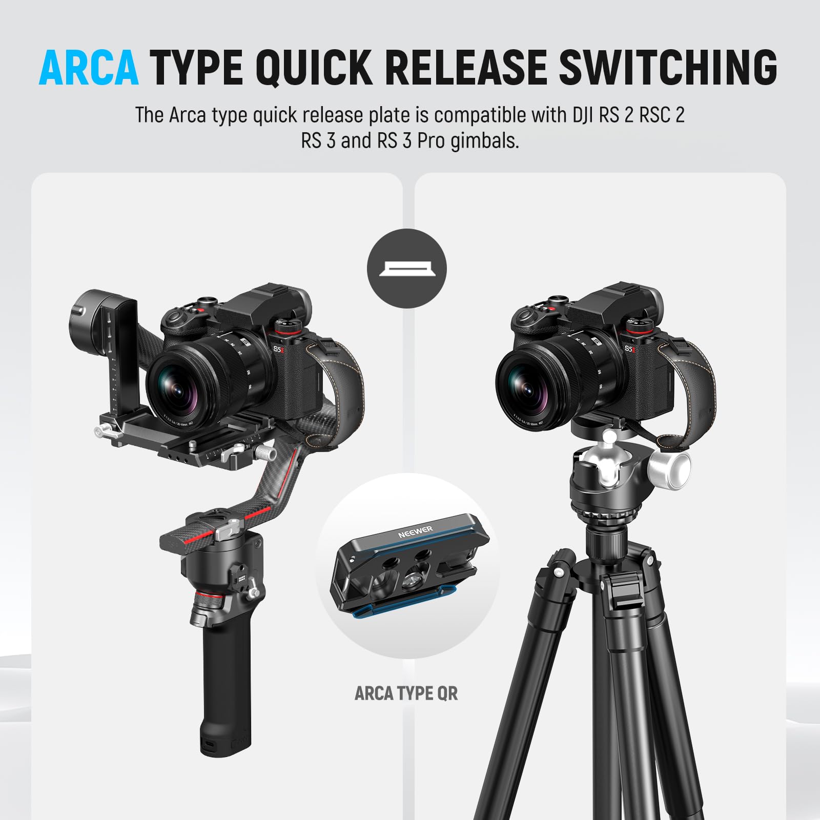 ARCA TYPE QUICK RELEASE SWITCHING

The Arca type quick release plate is compatible with DJI RS 2, RSC 2, RS 3, and RS 3 Pro gimbals.