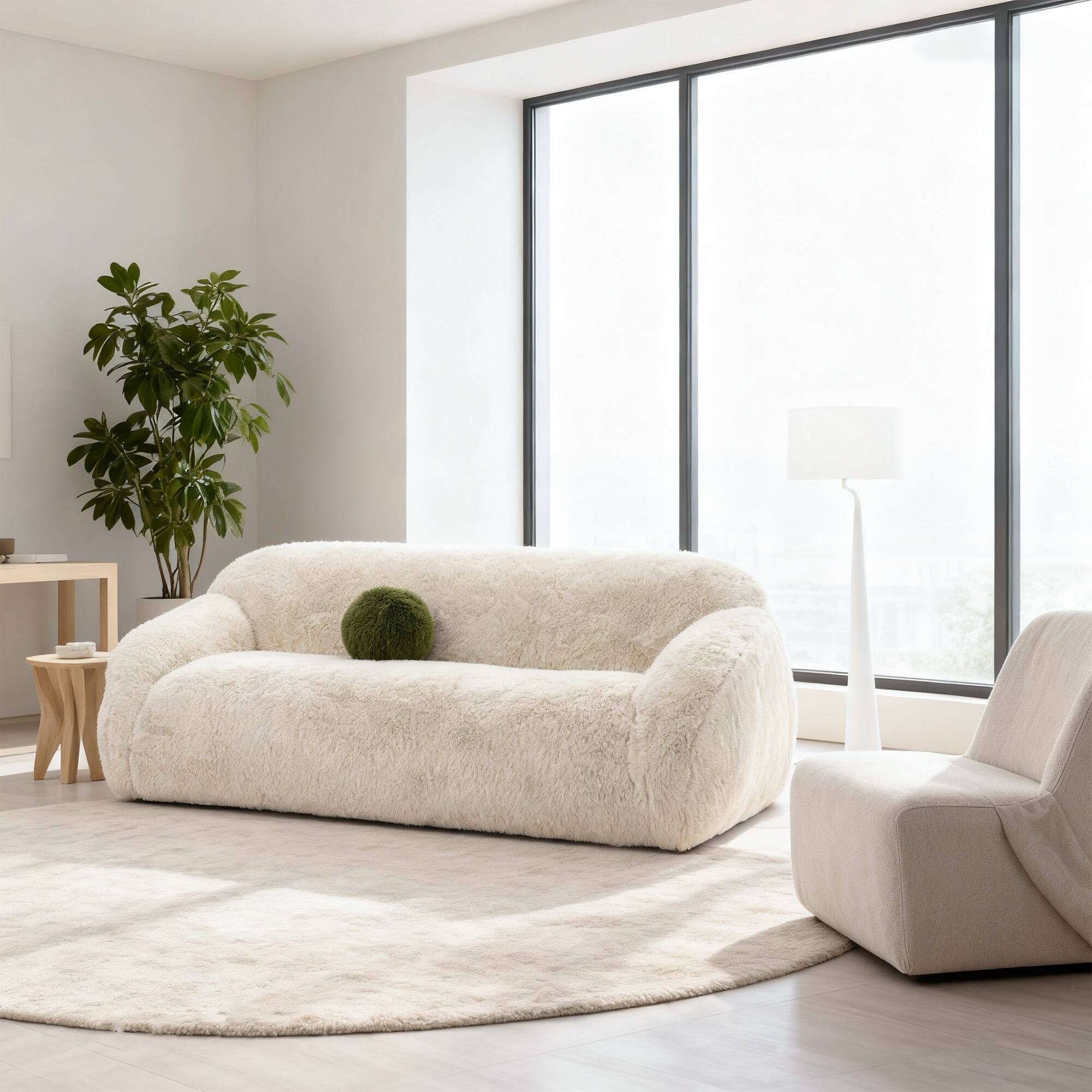 Angle. Vaczon - 3-Seater Plush Faux Fur Sofa with Soft Long Pile and Luxurious Comfort for Living Rooms or Apartments - Sand.