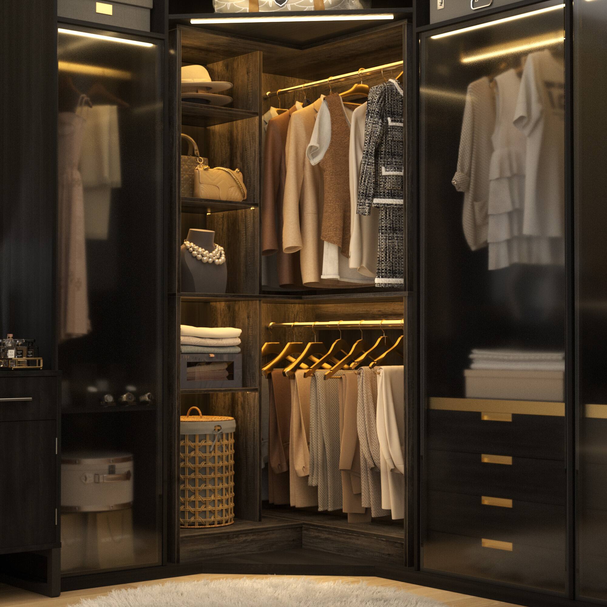 Alt View 2. Aheaplus - 36"Corner Closet Organizer: Freestanding System With 2 Rods & 8 Shelves (36"W x 16"D x 80"H) - Gray Oak.