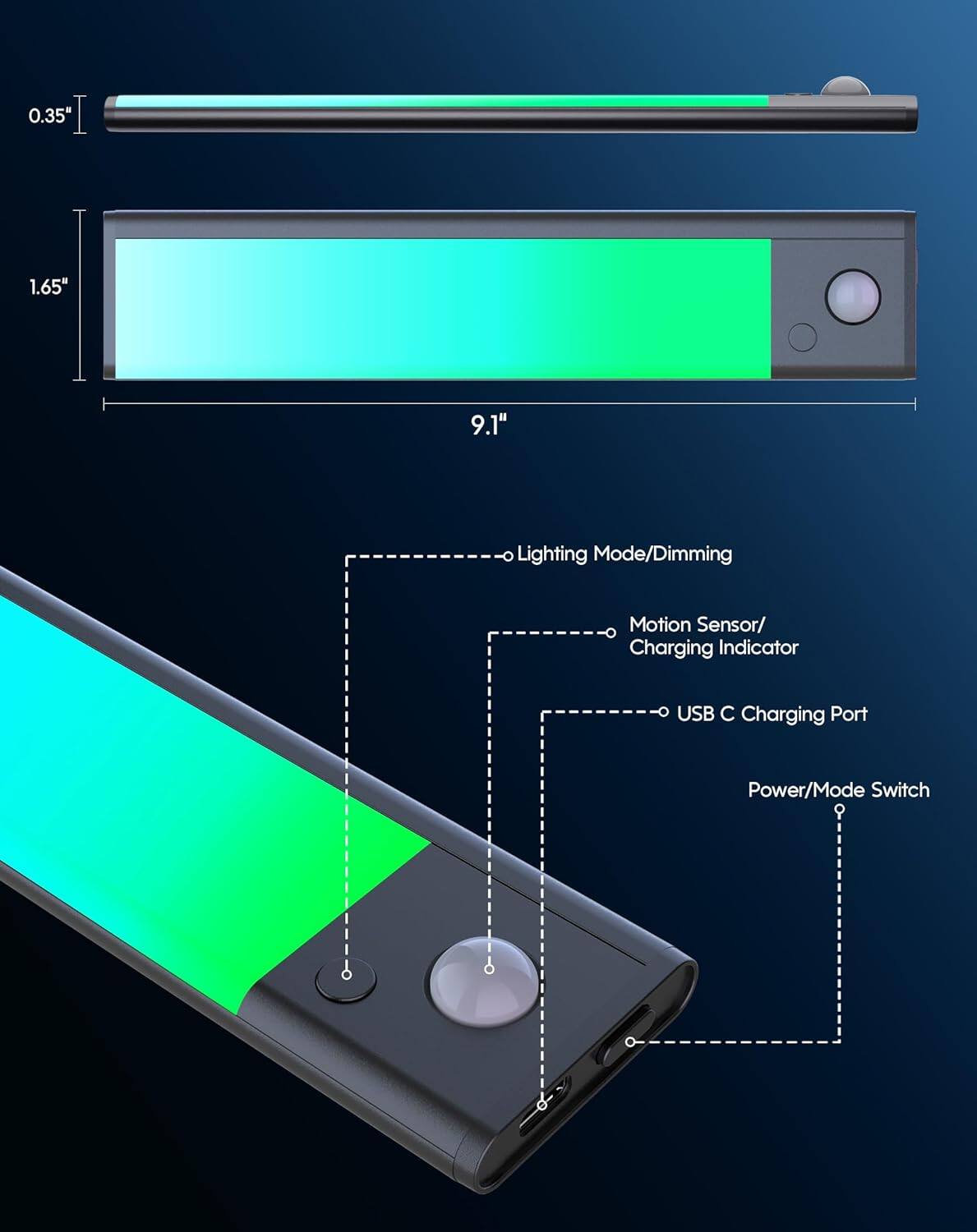 0.35"  
1.65"  
9.1"  

- Lighting Mode/Dimming  
- Motion Sensor/Charging Indicator  
- USB C Charging Port  
- Power/Mode Switch