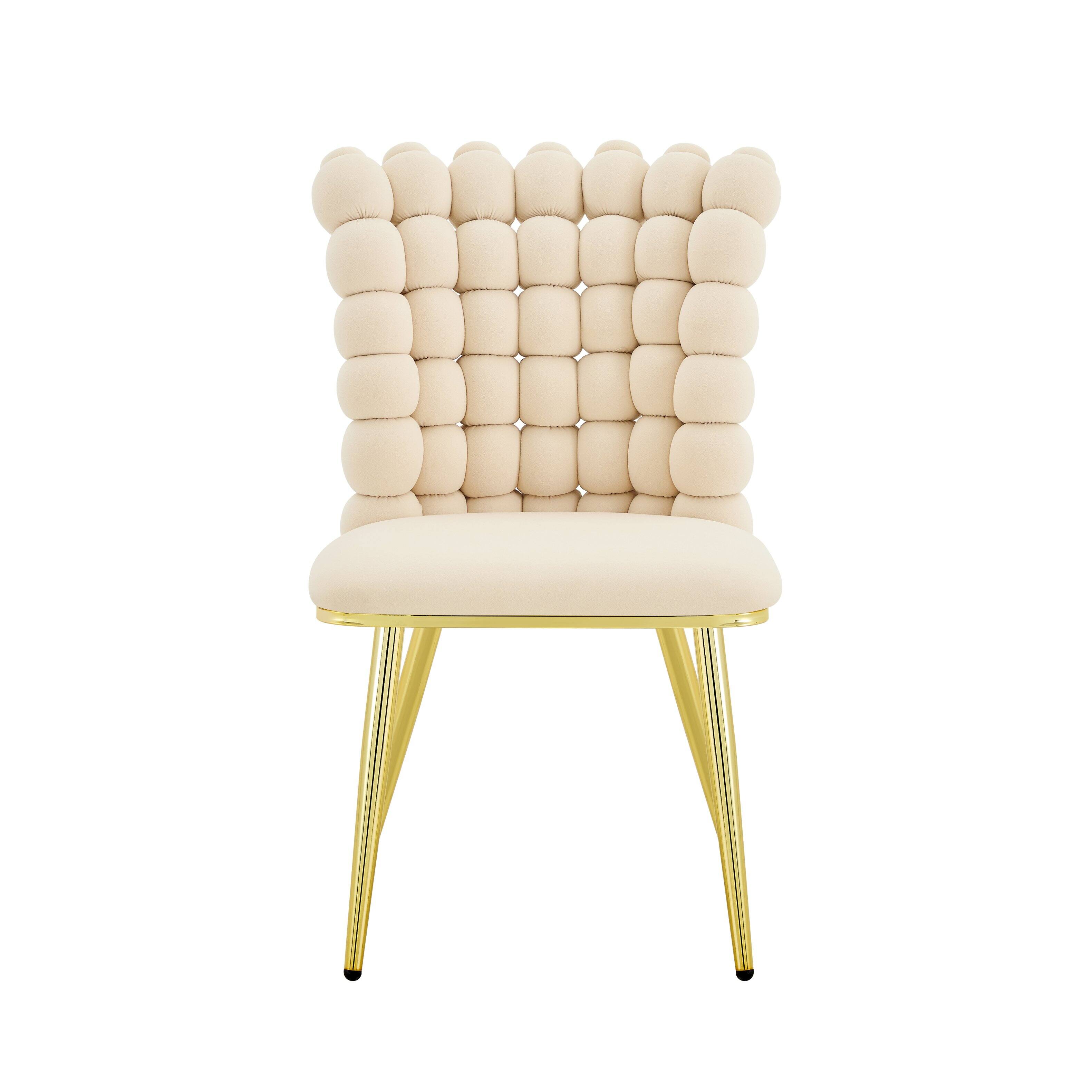 Alt View 9. Loheer - Loheer Cream Dining Chairs 3.0 ft Tufted Velvet Accent Chair with Gold Metal Legs, Bubble Back Side Chair - Beige,Gold.