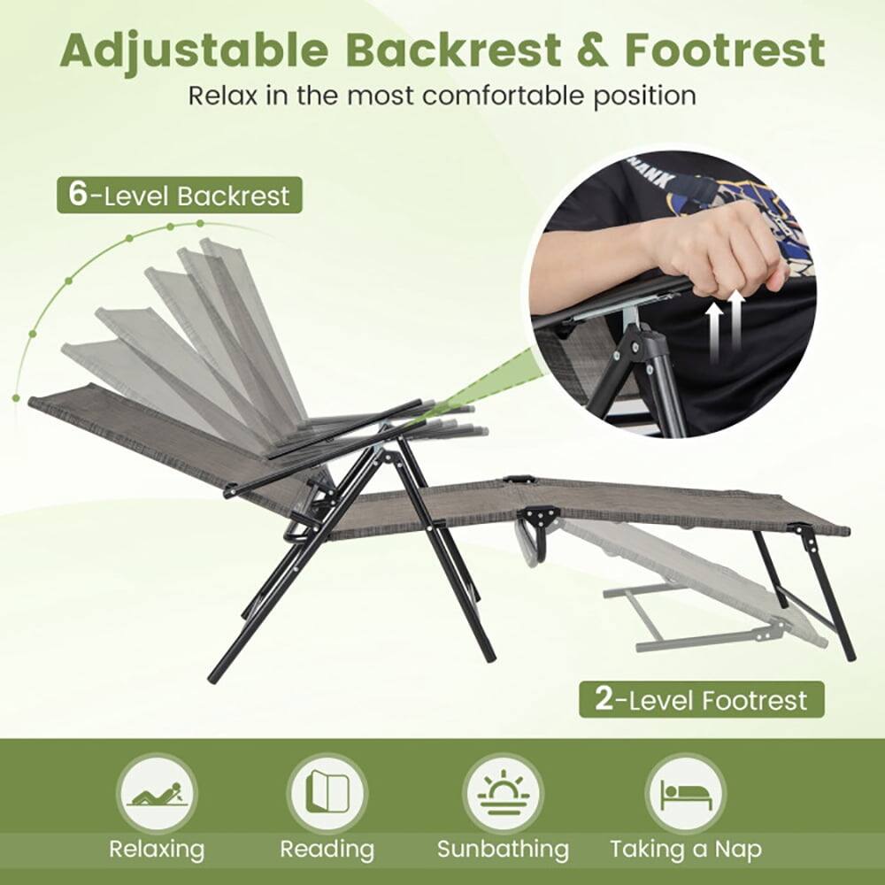 Adjustable Backrest & Footrest  
Relax in the most comfortable position  

6-Level Backrest  

2-Level Footrest  

Relaxing  
Reading  
Sunbathing  
Taking a Nap