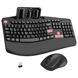 PRIMEPLUS - Wireless Keyboard & Mouse Combo, 2.4G Ergonomic Full Size Wave Keys with Wrist Rest & Phone Holder, 3-DPI Silent Mouse - Pink