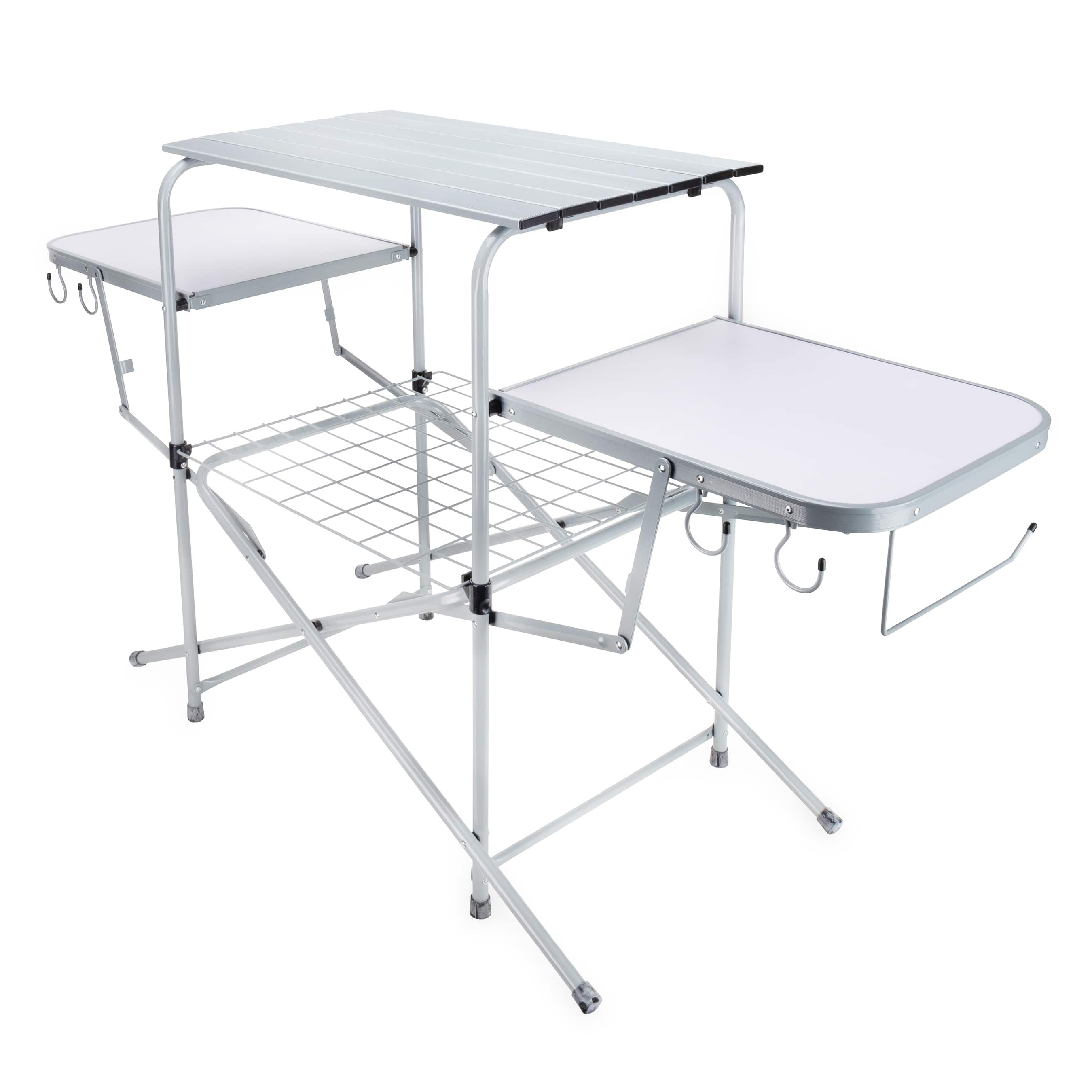 Camco - Deluxe Folding Outdoor Steel Grill Table with Side Tables, Hooks, and Case - Silver