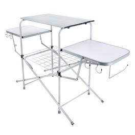Camco - Deluxe Folding Outdoor Steel Grill Table with Side Tables, Hooks, and Case - Silver