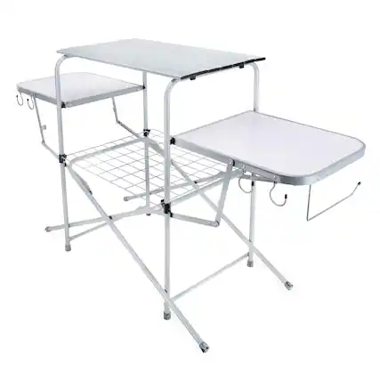 Front. Camco - Camco Deluxe Folding Outdoor Steel Grill Table with Side Tables, Hooks, and Case - Silver.