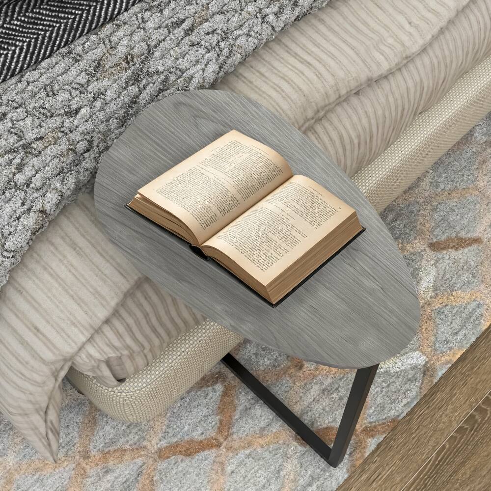 Left. Loheer - Loheer C-Shaped Side Table with Storage Basket Grey Walnut Sofa End Table Portable Laptop Holder Wood Look Accent Table - Grey Walnut.
