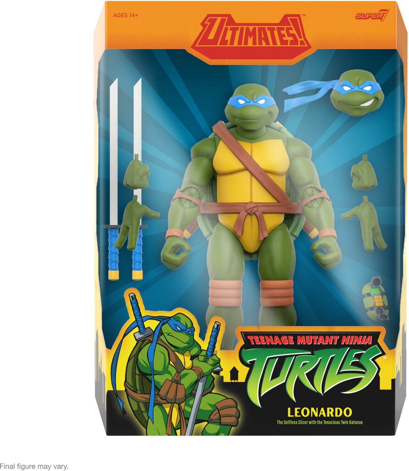 AGES 14+ - ULTIMATES! SUPER TEENAGE MUTANT NINJA TURTLES LEONARDO The Selfless Slicer with the Tenacious Twin Katana. Final figure may vary.