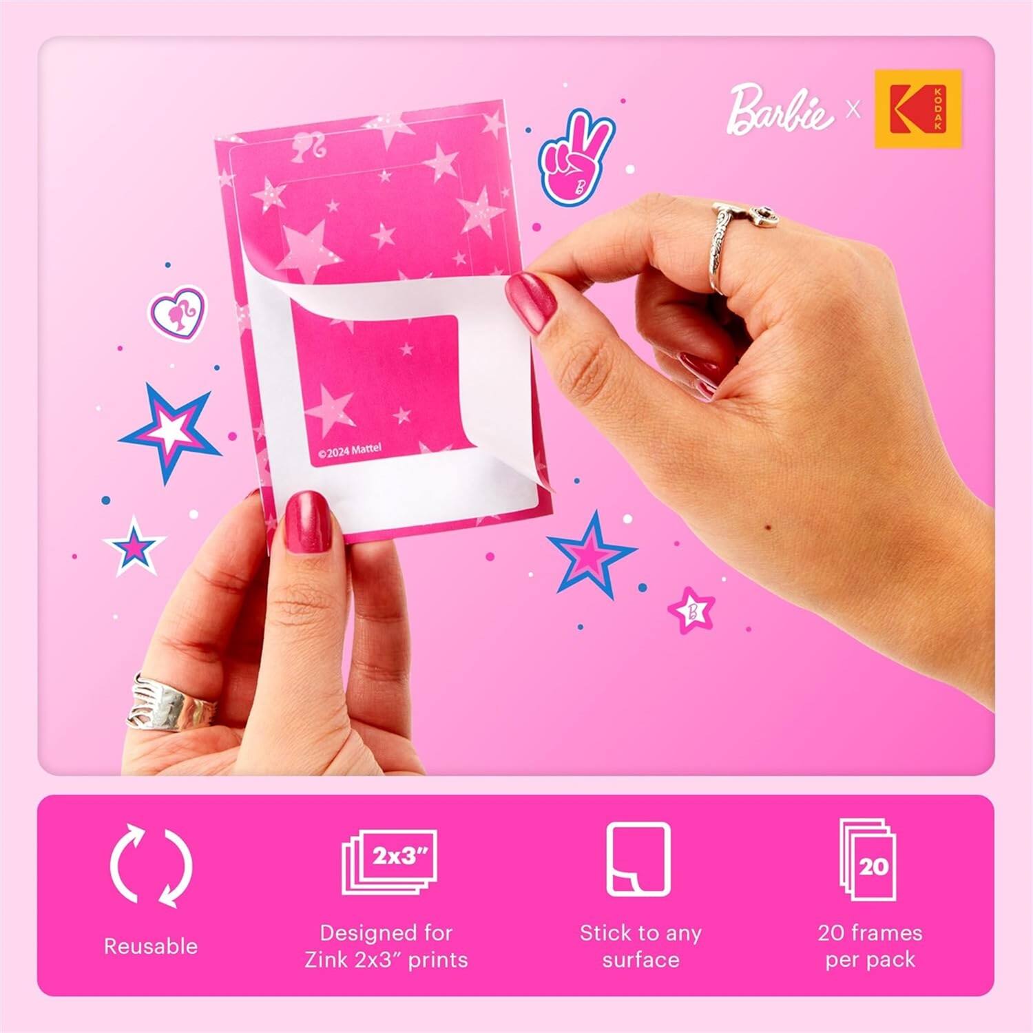 6 2024 Mattel  
Barbie X Kodak  
2x3"  
Reusable  
Designed for Zink 2x3" prints  
Stick to any surface  
20 frames per pack
