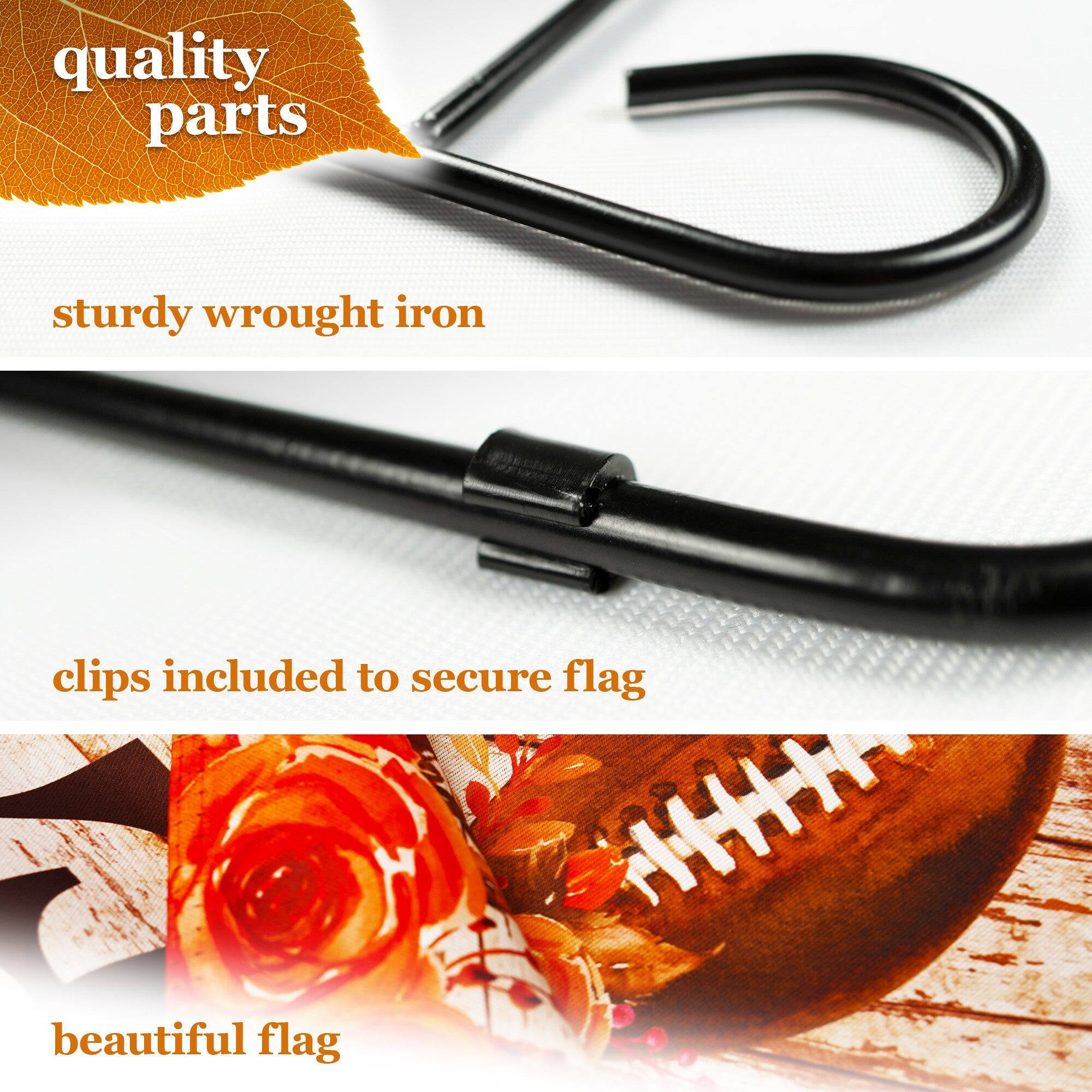 quality parts  
sturdy wrought iron  
clips included to secure flag  
beautiful flag