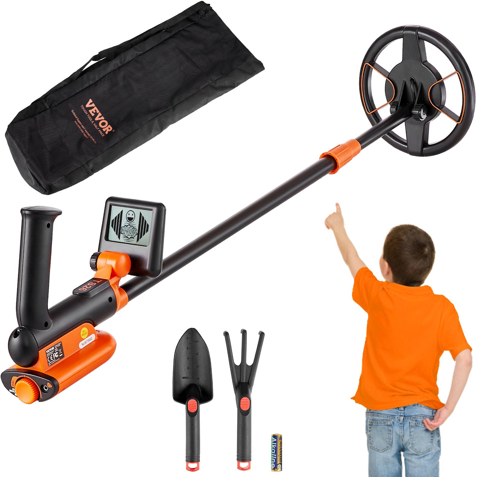 VEVOR - Metal Detector for Kids, 6 Inch, 25''-37'' Adjustable Gold Detector, IP68 Waterproof Search Coil - Black; Orange
