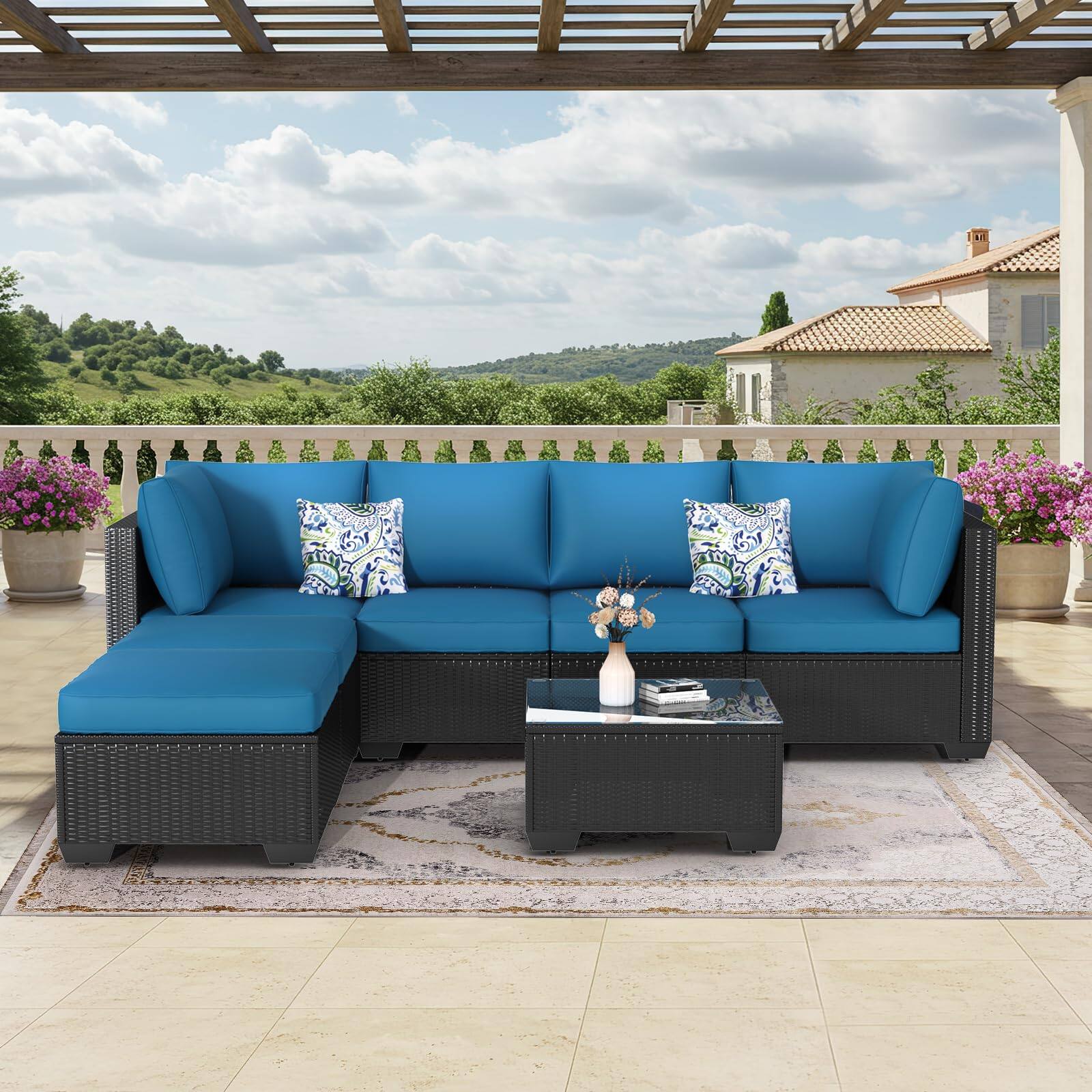 Angle. Mondawe - 7-Piece Rattan Sofa Set with Cushions and Versatile Ottomans - Blue+Black.