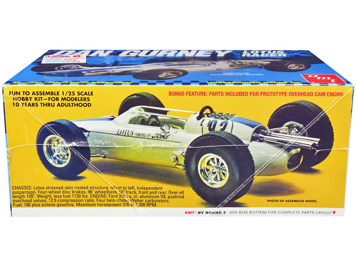 **MM GURNEY LOTUS SL RACER**

**FUN TO ASSEMBLE 1/25 SCALE HOBBY KIT - FOR MODELERS 10 YEARS THRU ADULTHOOD**

**BONUS FEATURE: PARTS INCLUDED FOR PROTOTYPE OVERHEAD CAM ENGINE**

**CHASSIS:**
- Lotus stressed-skin riveted structure, offset to left.
- Independent suspension.
- Four-wheel disc brakes.
- 96" wheelbase.
- 56" track, front and rear.
- Over-all length 150".
- Weight, less fuel 1130 lbs.

**ENGINE:**
- Ford 258 cu. in. aluminum V8, pushrod overhead valves.
- 12.5 compression ratio.
- Four twin-choke Weber carburetors.
- Fuel: 100 plus octane gasoline.
- Maximum horsepower 376 at 7,200 RPM.

**AMT BY ROUND 2 - SEE BOX BOTTOM FOR COMPLETE PARTS LAYOUT**

**PHOTO OF ASSEMBLED MODEL**