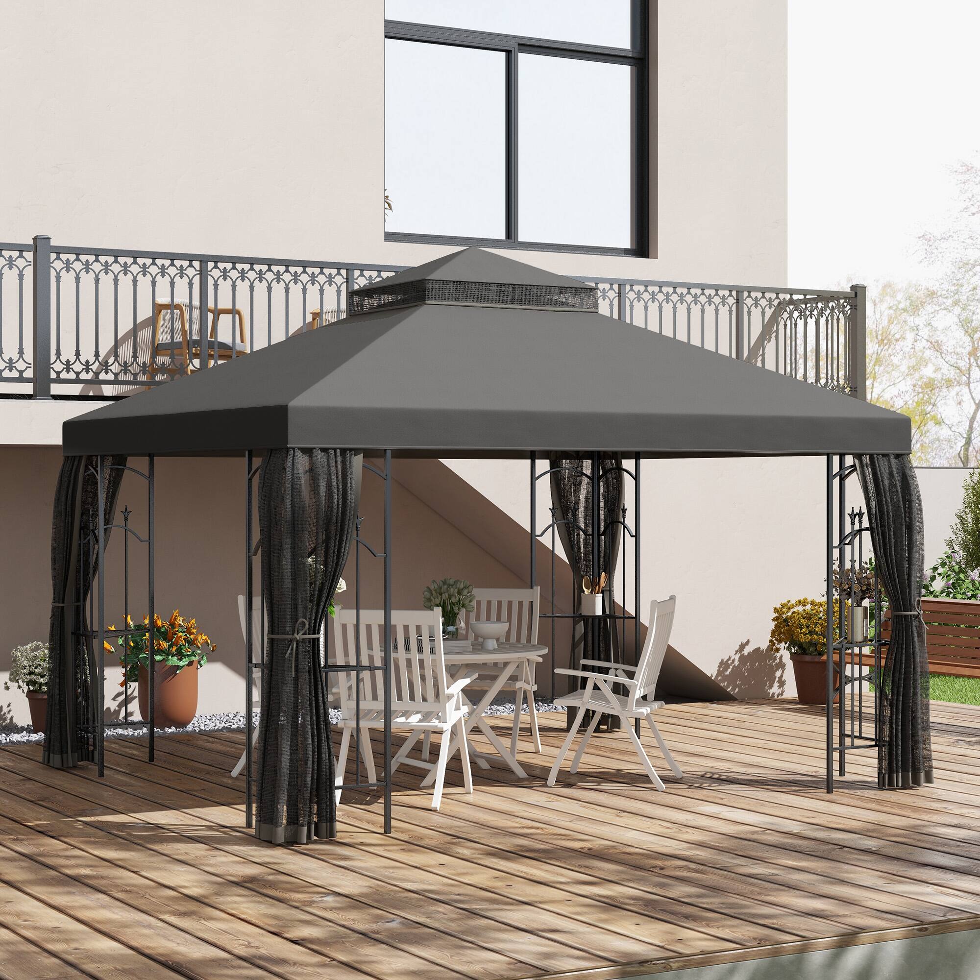 Angle. Outsunny - 10' x 12' Patio Gazebo with Corner Frame Shelves, Double Roof Outdoor Gazebo Canopy Shelter with Netting for Patio - Gray.