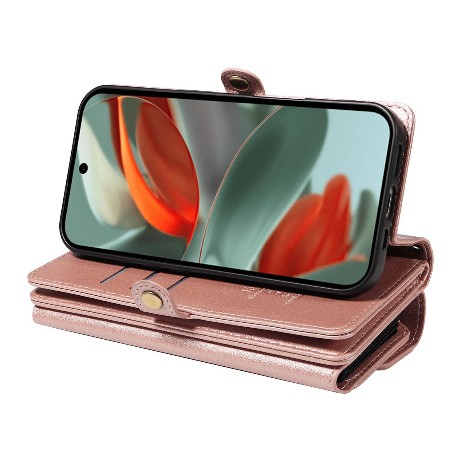 Alt View 2. Dteck - Wallet Case For Google Pixel 9 Pro / 9, Shockproof PU Leather Detachable Shoulder Strap RFID Blocking Card Stand Cover - Rosegold.
