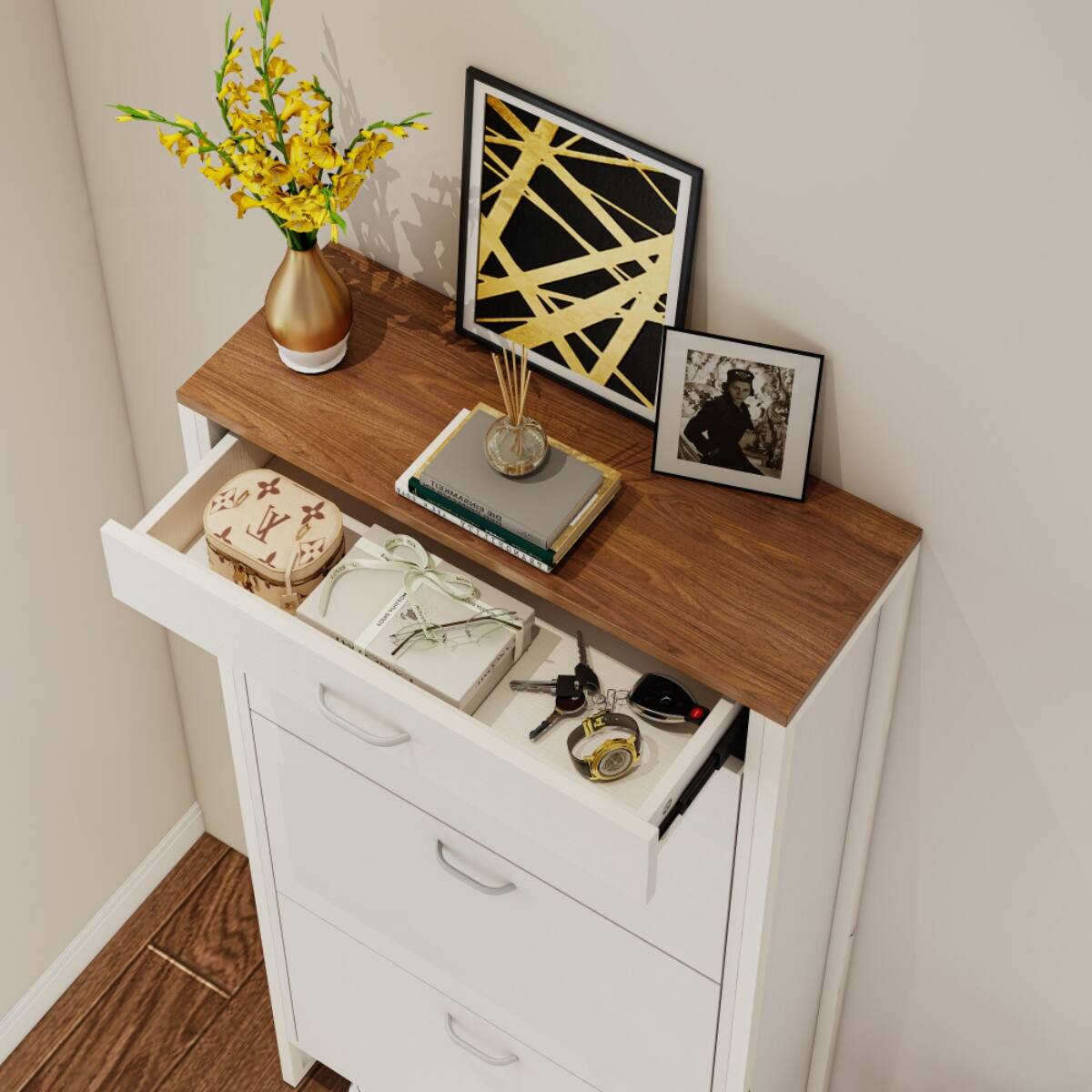 Alt View 2. HTUTWOO - Freestanding Shoe Cabinet with 3 Flip Drawers - Space-Saving Design,Easy-Access Storage for Apartments & Small Homes - White.