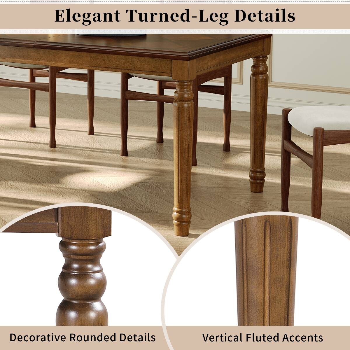 Elegant Turned-Leg Details

Decorative Rounded Details

Vertical Fluted Accents