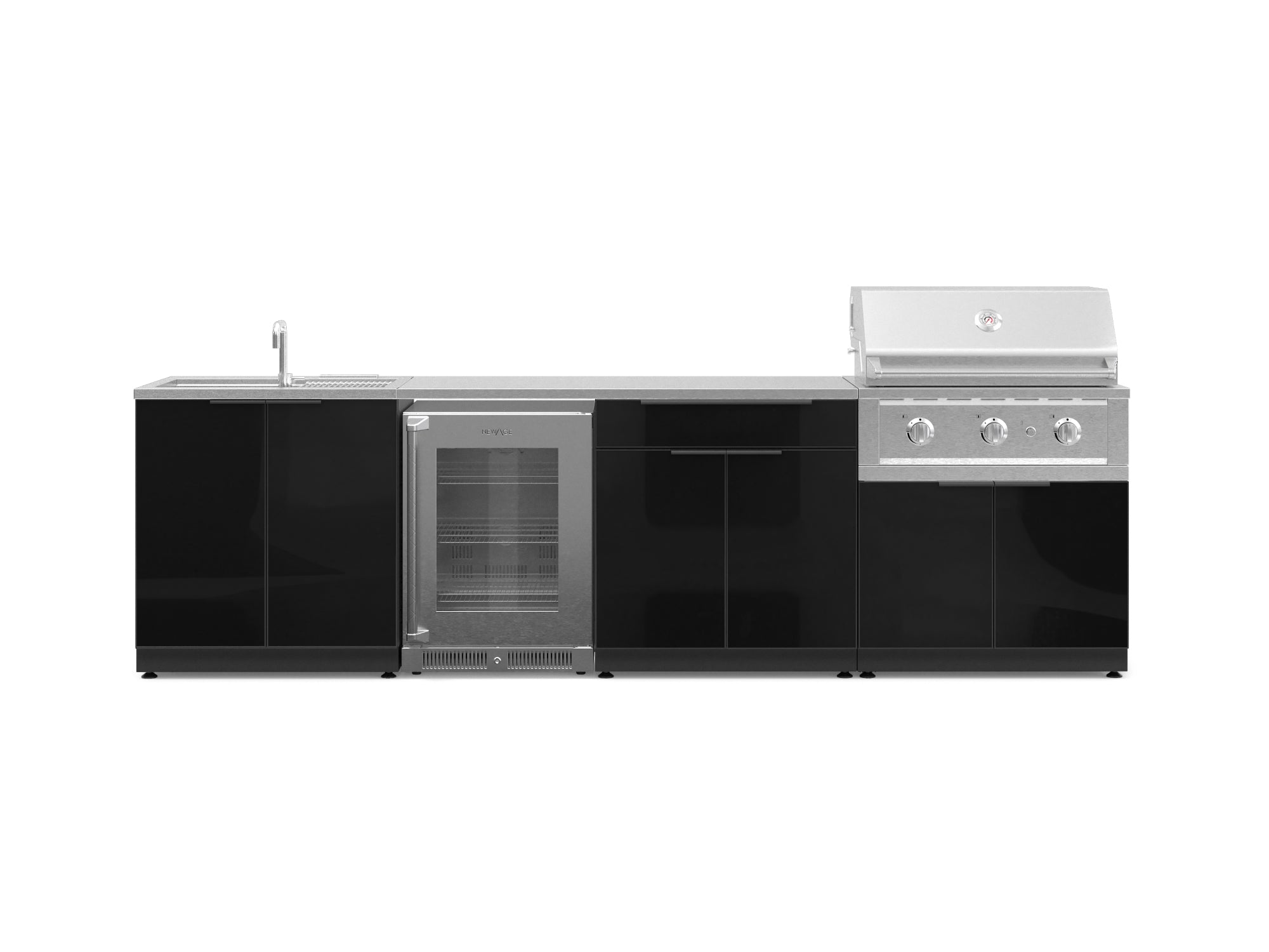 Front. NewAge Products - Outdoor Kitchen Aluminum 6 Piece Cabinet Set with Sink, Bar, Grill Cabinet, Grill, Countertop and Glass Door Fridge - Black.