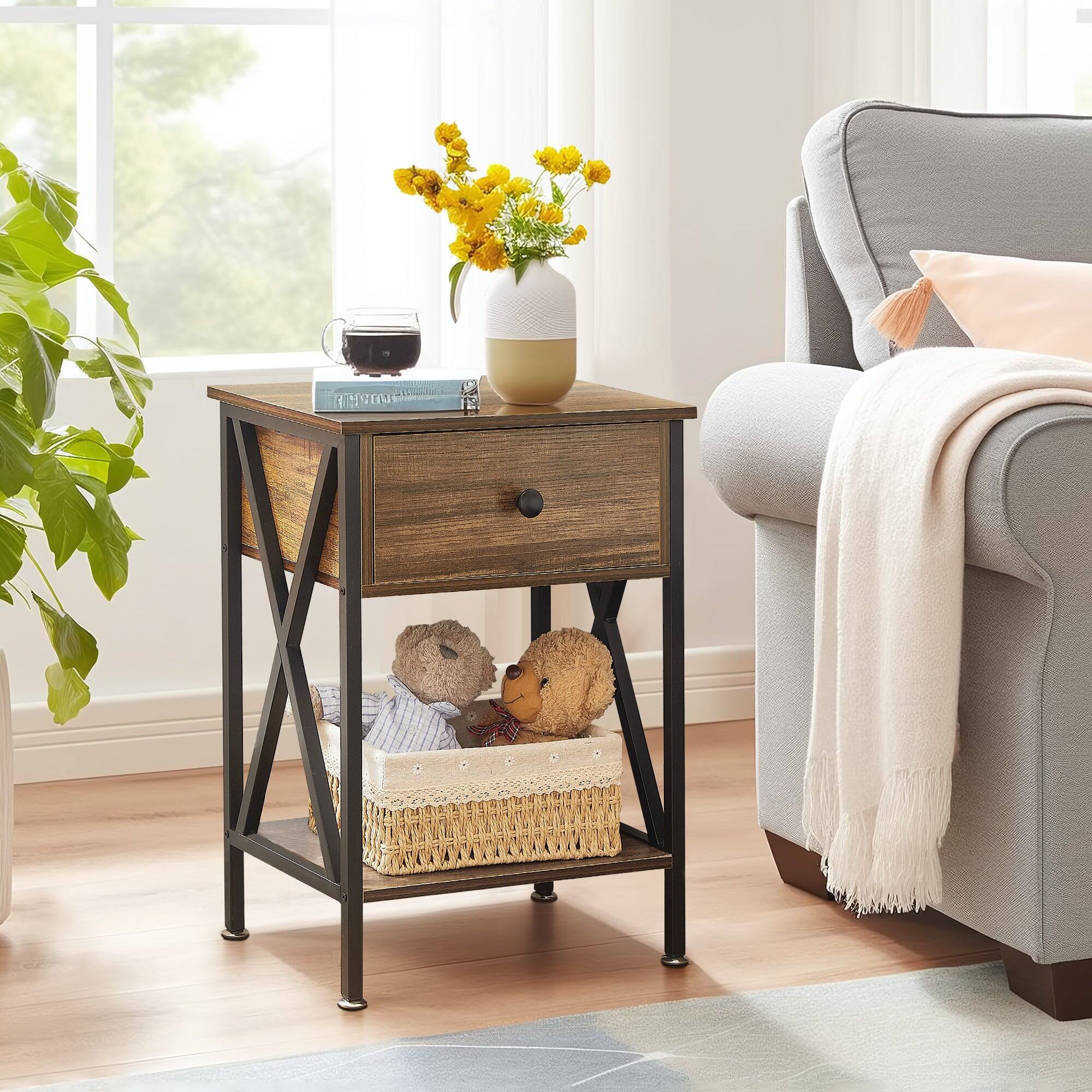 Angle. Vecelo - Nightstand with Drawer - Bedside Table with Storage Shelf, Compact End Table for Bedroom, MDF Wood Nightstand - Brown.