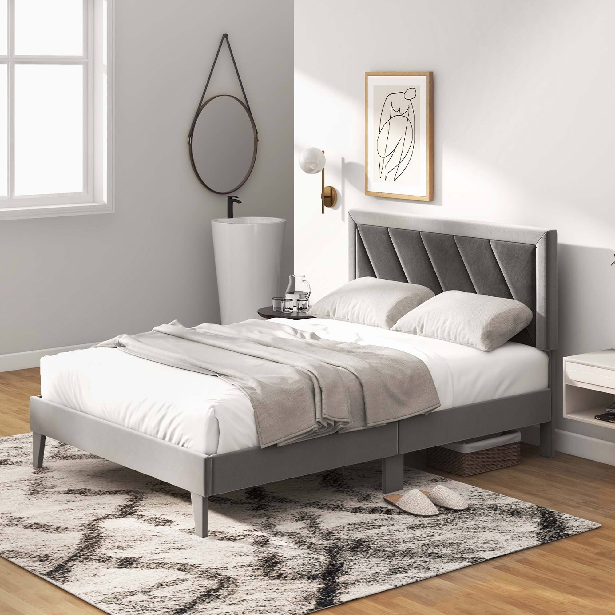 Alt View 9. Costway - Costway Full Size Bed Frame Upholstered Platform Velvet Headboard Wooden Slats - Gray.