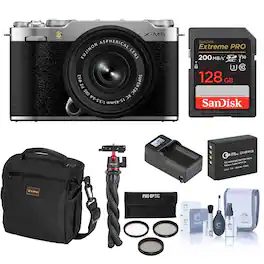 Bundle - Fujifilm - X-M5 Mirrorless Camera with XC 15-45mm f/3.5-5.6 OIS PZ Lens, Silver, with 128GB Memory Card, Extra