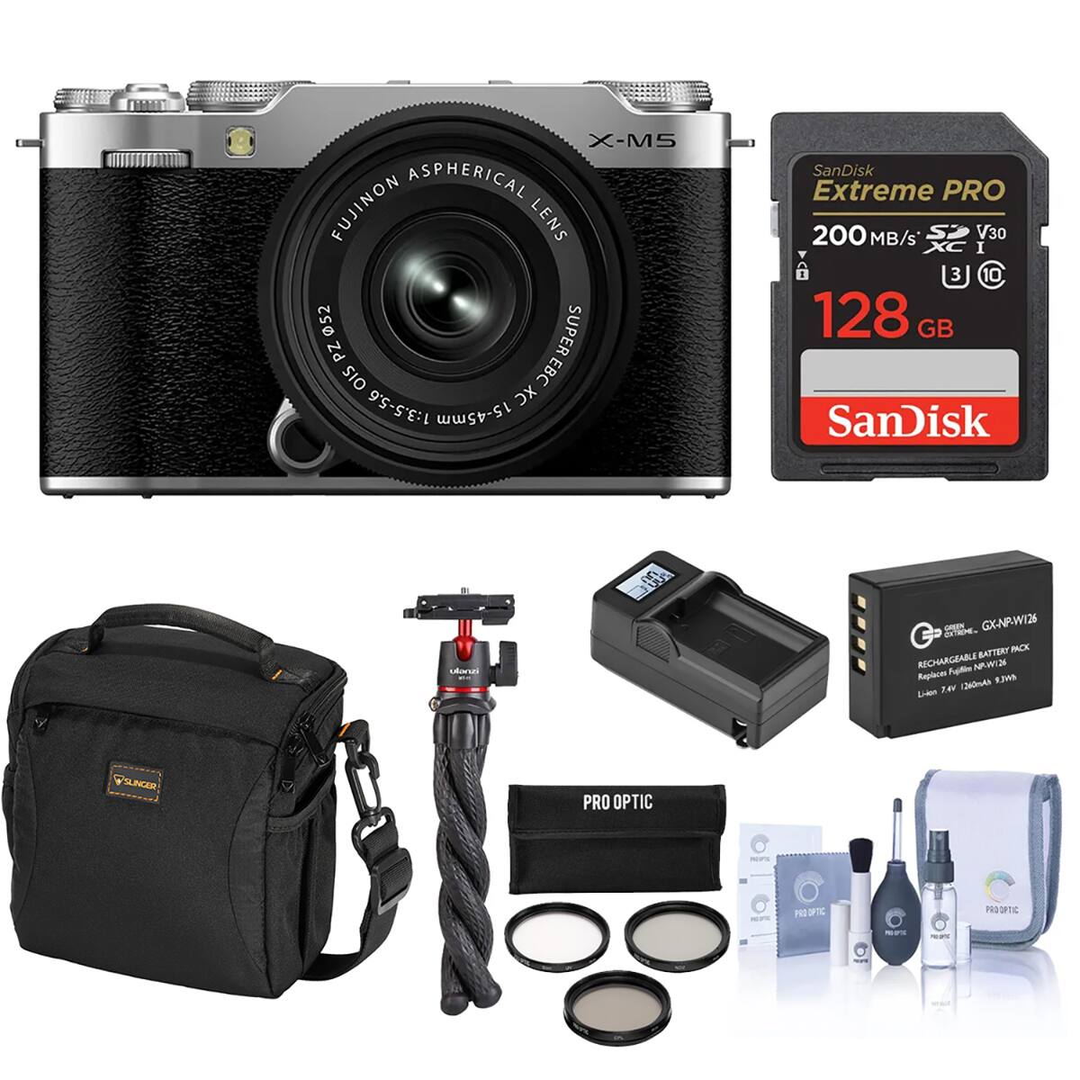 X-M5 ASPHERICAL FUJINON LENS 52 SUPER PZ OIS EBC XC 1:3.5-5.6 15-45mm  
SanDisk Extreme PRO 200 MB/s SP V30 XC I 3 10 128 GB  
SanDisk  
ATTENY BACK RECHARGEABLE NP-W12E  
Replaces Pngotle  
SLINGAR PRO OPTIC  
PROSPIC