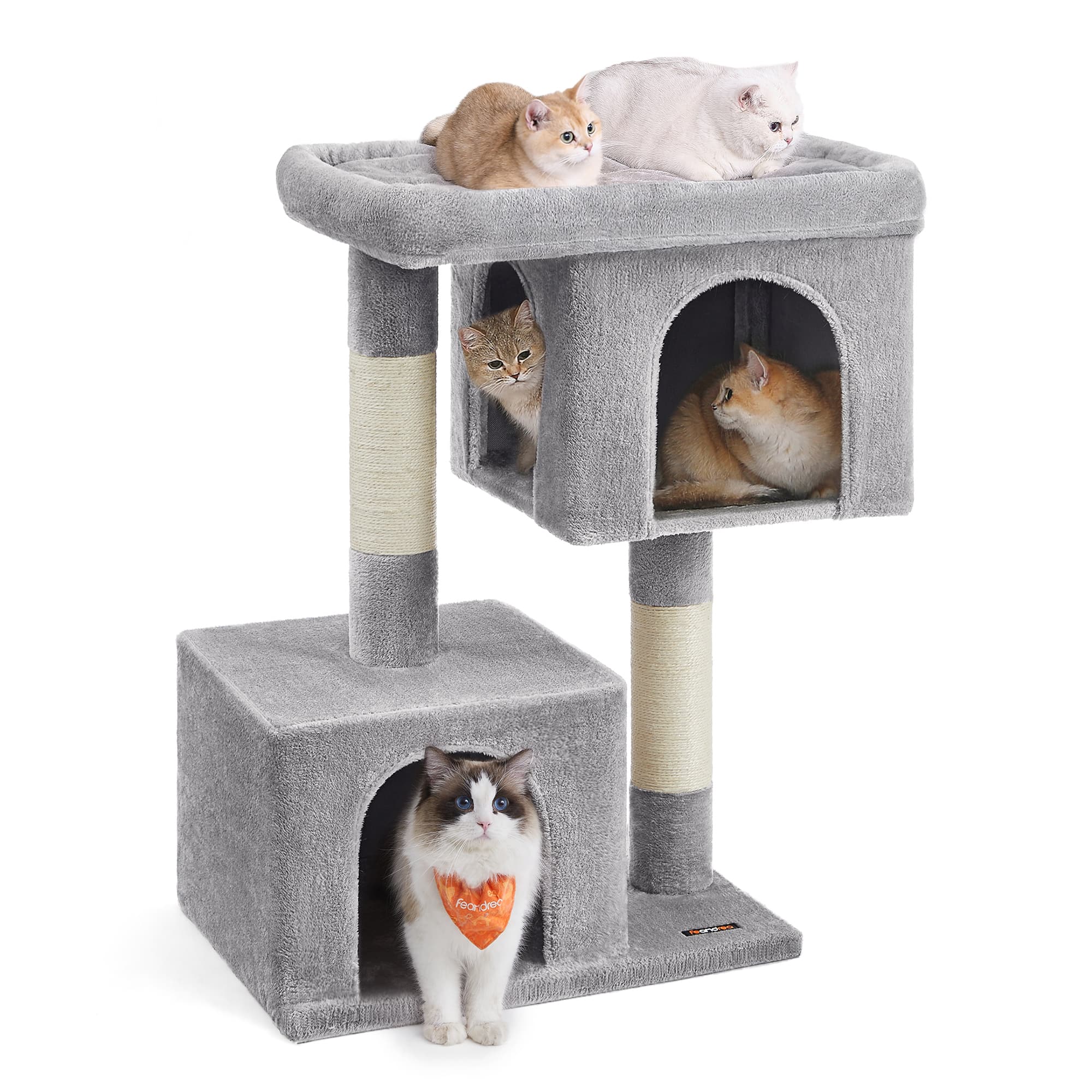 Songmics Home - Cat Tree, 39.8-Inch Cat Tower, Plush Condo for Extra Large Cats up to 44 lb, Large Perch, 2 Caves, Scratching Post - Light Gray