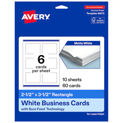 Go to avery.com/templates
Use Avery Presta™ Template 95272
Matte White
6 cards per sheet
10 sheets
60 cards
2-1/2" x 3-1/2" Rectangle
White Business Cards with Sure Feed™ Technology for Laser/Inkjet