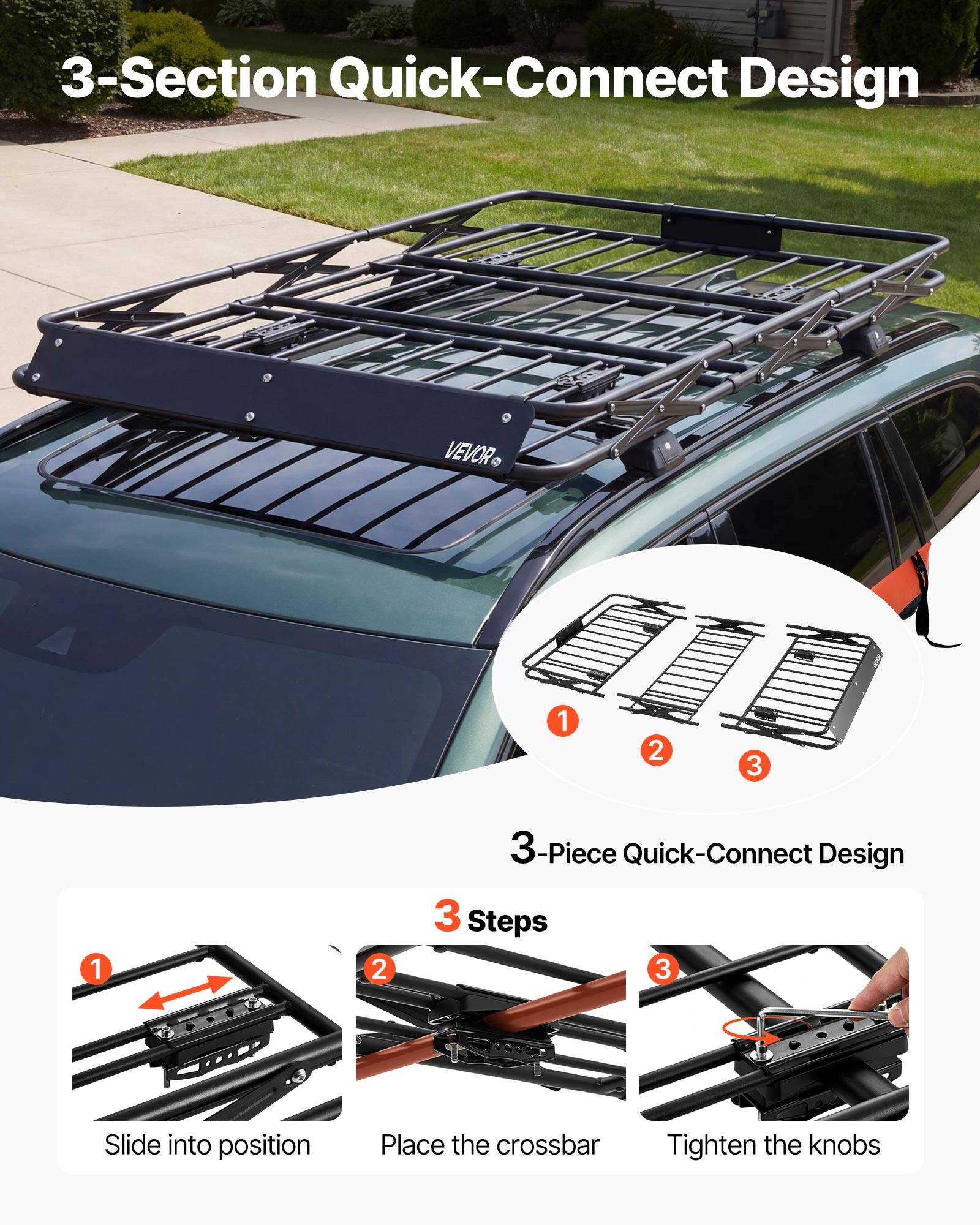 3-Section Quick-Connect Design

3-Piece Quick-Connect Design

3 Steps

1. Slide into position
2. Place the crossbar
3. Tighten the knobs