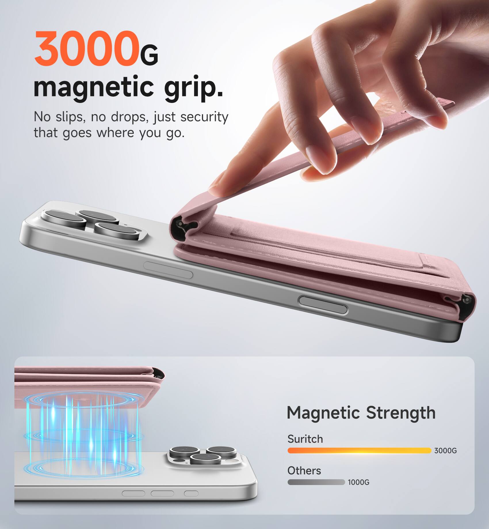 3000G magnetic grip. No slips, no drops, just security that goes where you go.

Magnetic Strength
Suritch 3000G
Others 1000G