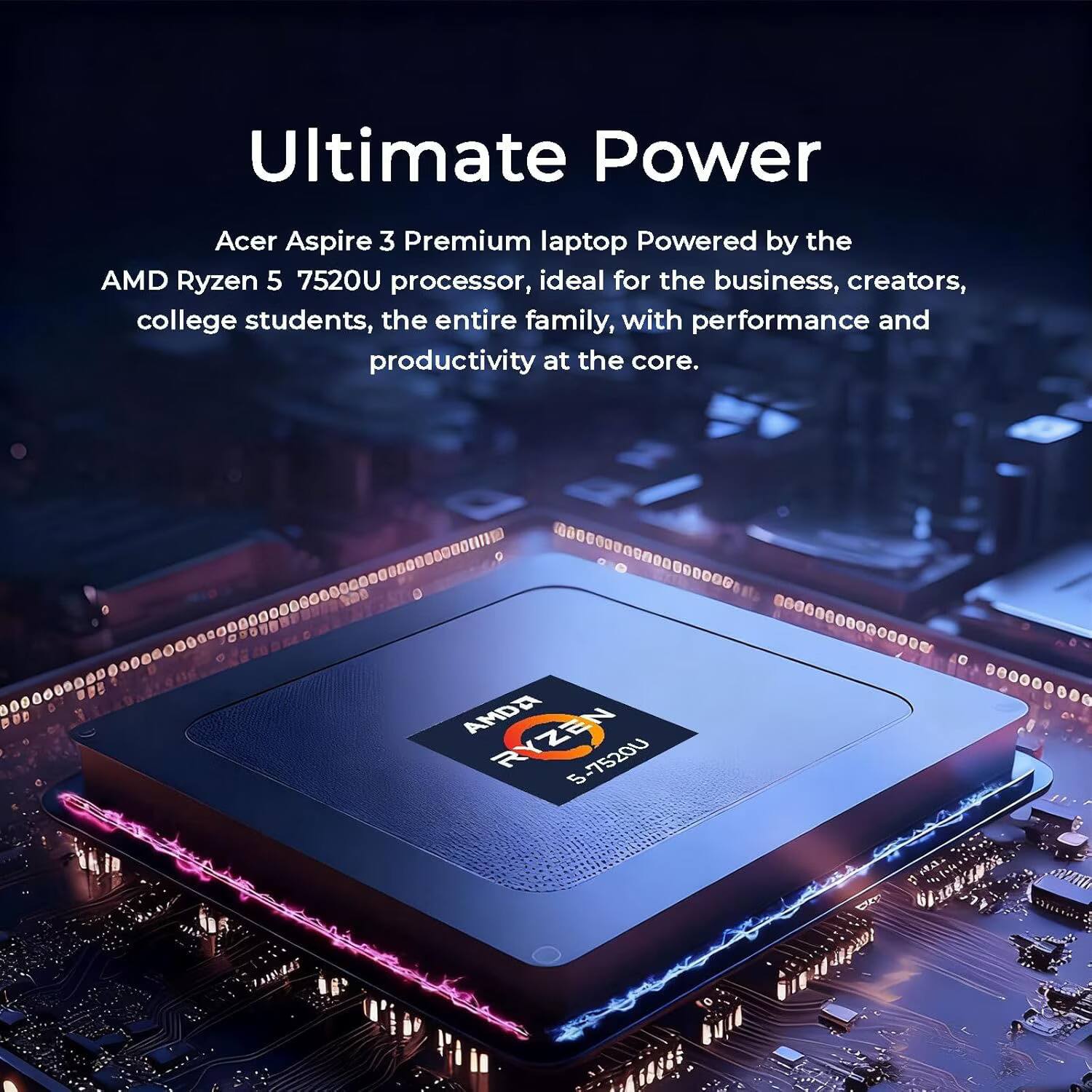 Ultimate Power  
Acer Aspire 3 Premium laptop Powered by the AMD Ryzen 5 7520U processor, ideal for the business, creators, college students, the entire family, with performance and productivity at the core.  
BUD  
AMD Ryzen 5-7520U