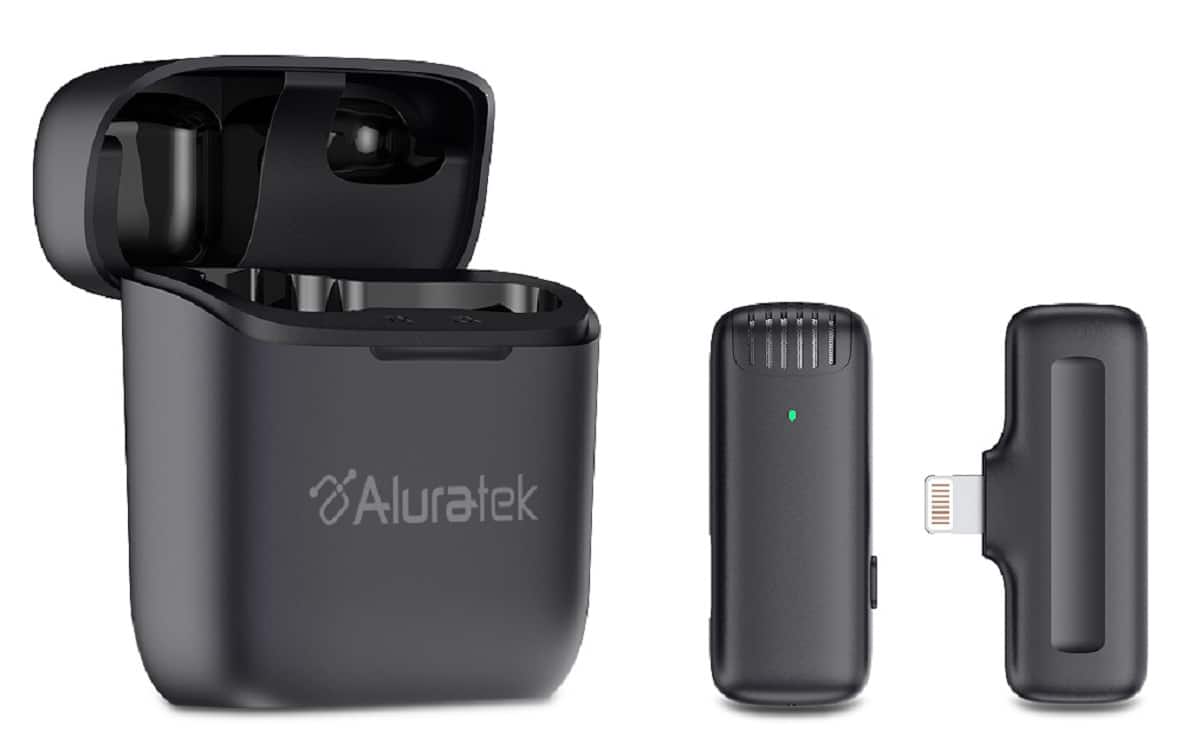 Front. Aluratek - Wireless Vlogging Lapel Microphone with Charging Case for Lightning Connector - Black.