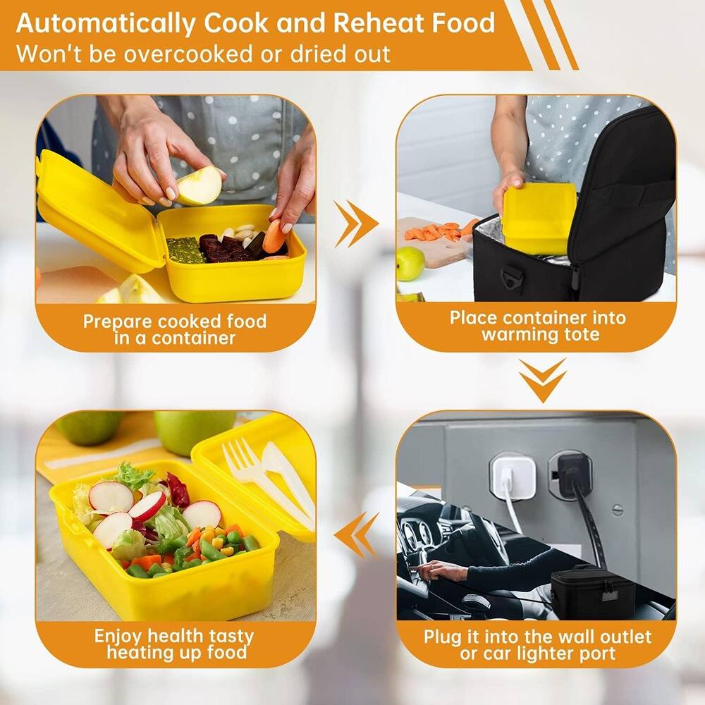 Automatically Cook and Reheat Food  
Won't be overcooked or dried out  

1. Prepare cooked food in a container  
2. Place container into warming tote  
3. Enjoy health tasty heating up food  
4. Plug it into the wall outlet or car lighter port
