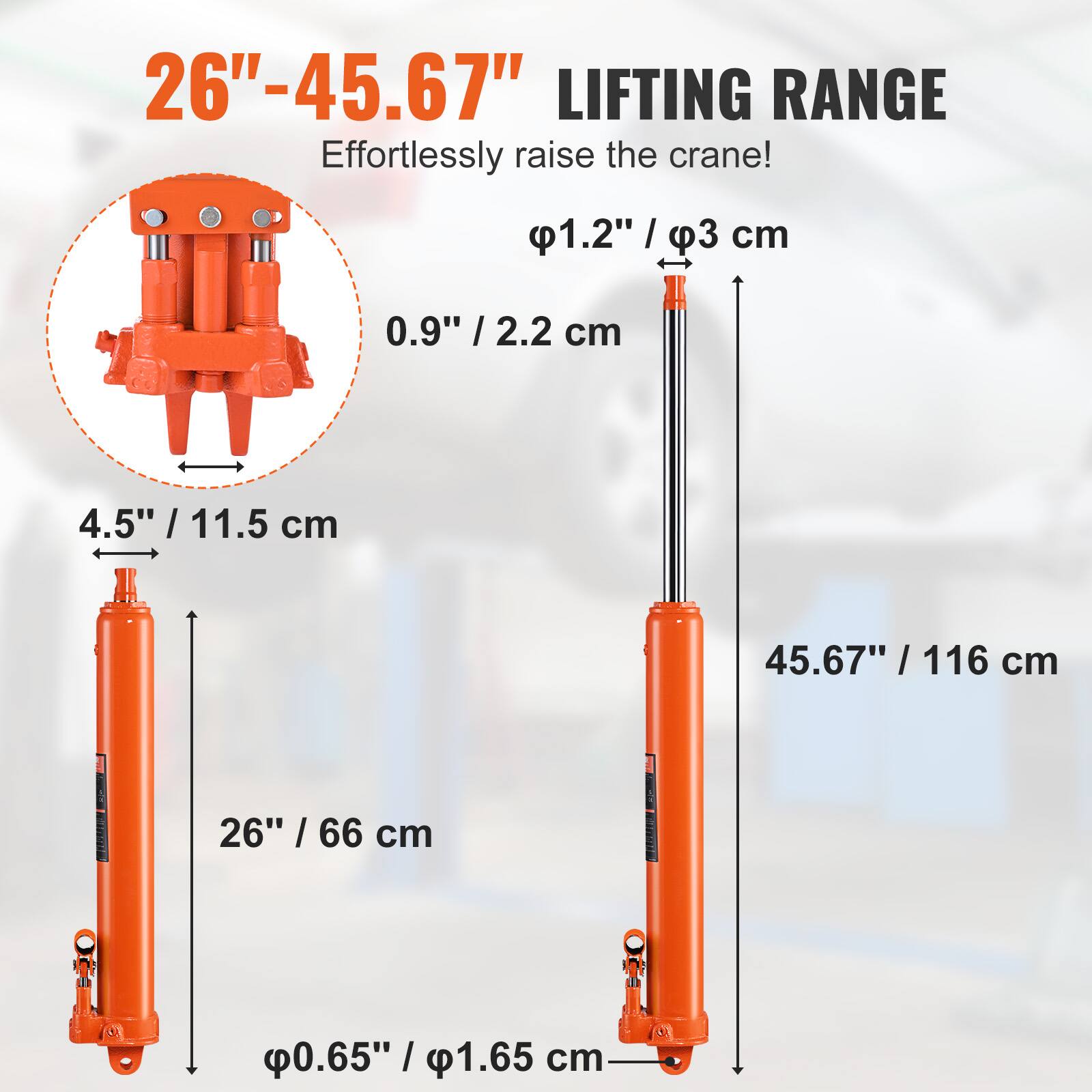 26"-45.67" LIFTING RANGE  
Effortlessly raise the crane!  

1.2" / 3 cm  
0.9" / 2.2 cm  
4.5" / 11.5 cm  
45.67" / 116 cm  
26" / 66 cm  
0.65" / 1.65 cm