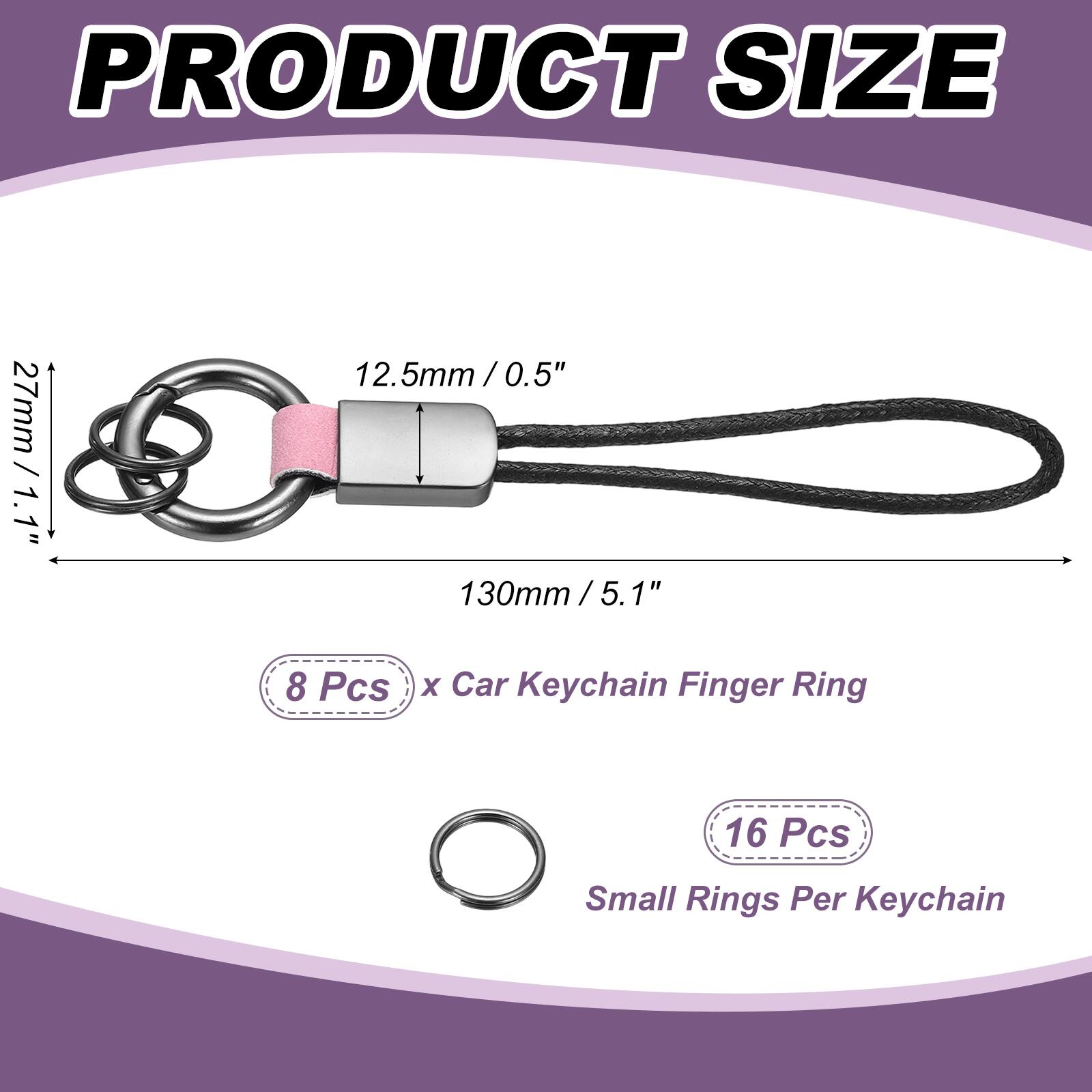 PRODUCT SIZE

27mm / 1.1"  
12.5mm / 0.5"  
130mm / 5.1"  

8 Pcs x Car Keychain Finger Ring  
16 Pcs Small Rings Per Keychain