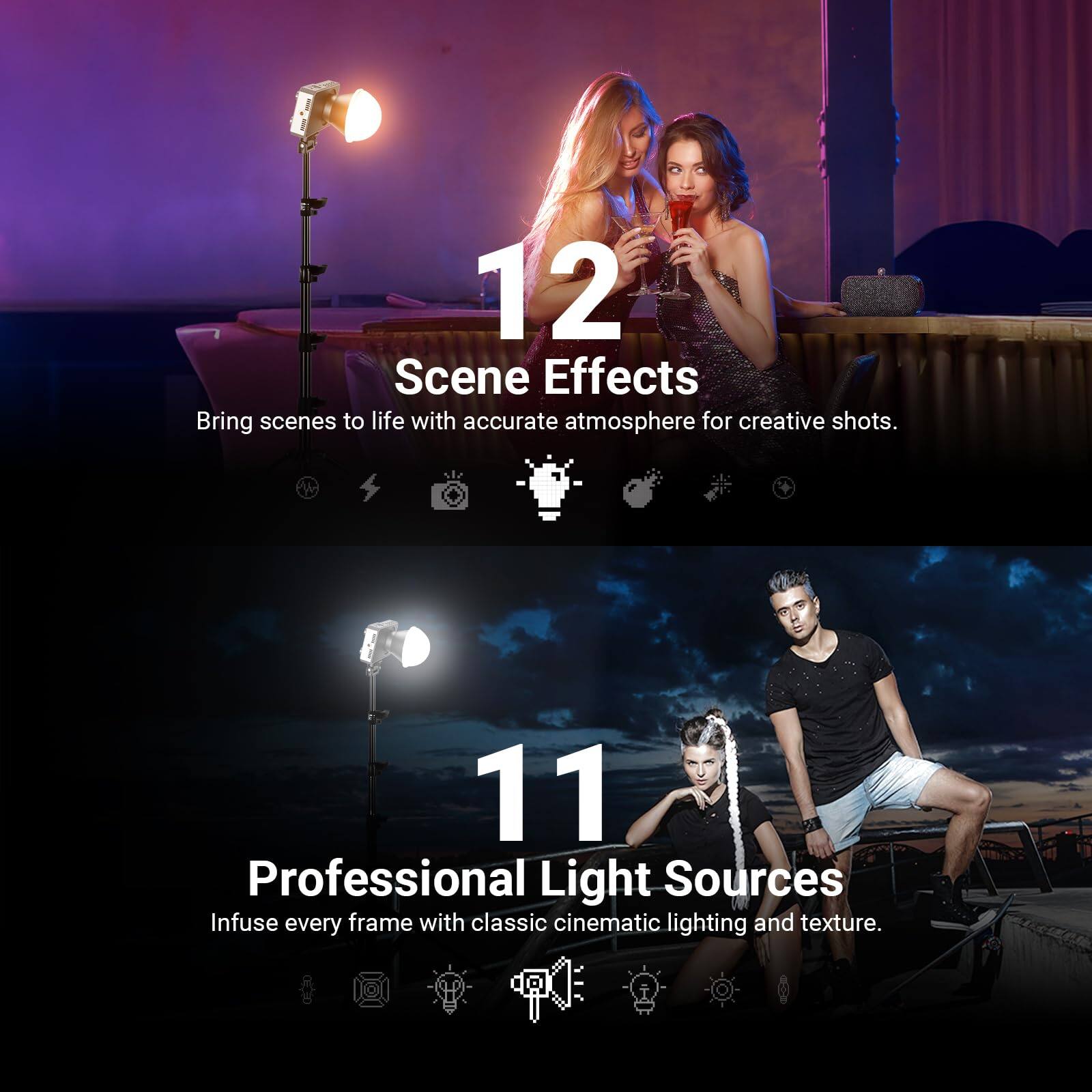 12 Scene Effects  
Bring scenes to life with accurate atmosphere for creative shots.

11 Professional Light Sources  
Infuse every frame with classic cinematic lighting and texture.