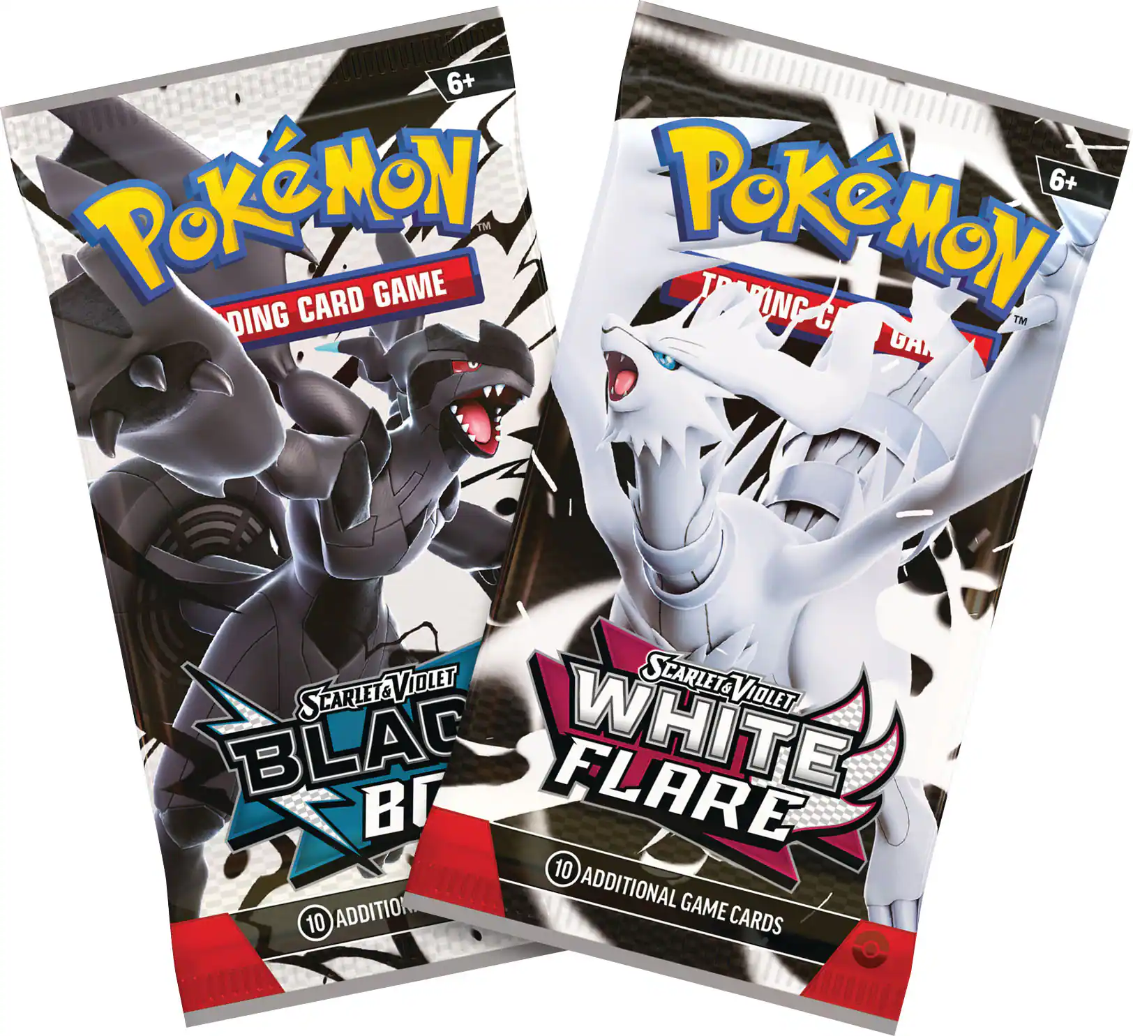 The image features two Pokemon card game packages, each containing 10 additional cards. The packages are designed to be used with the Pokemon Trading Card Game. The cards are specifically designed for the Scarlet & Violet edition of the game.