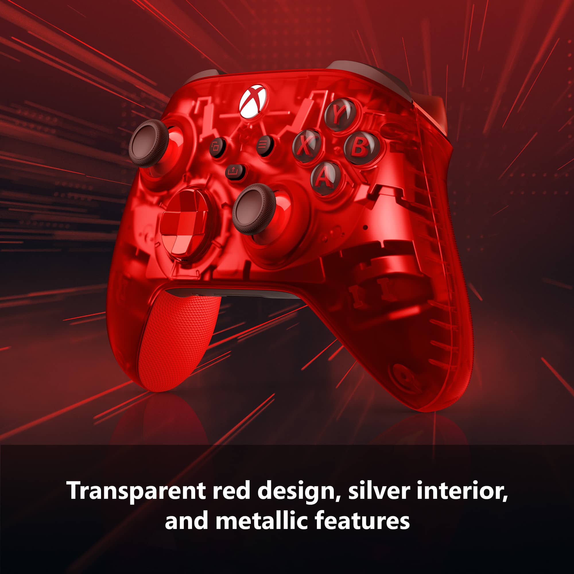 The image features a red Xbox controller with a transparent red design, a silver interior, and metallic features.