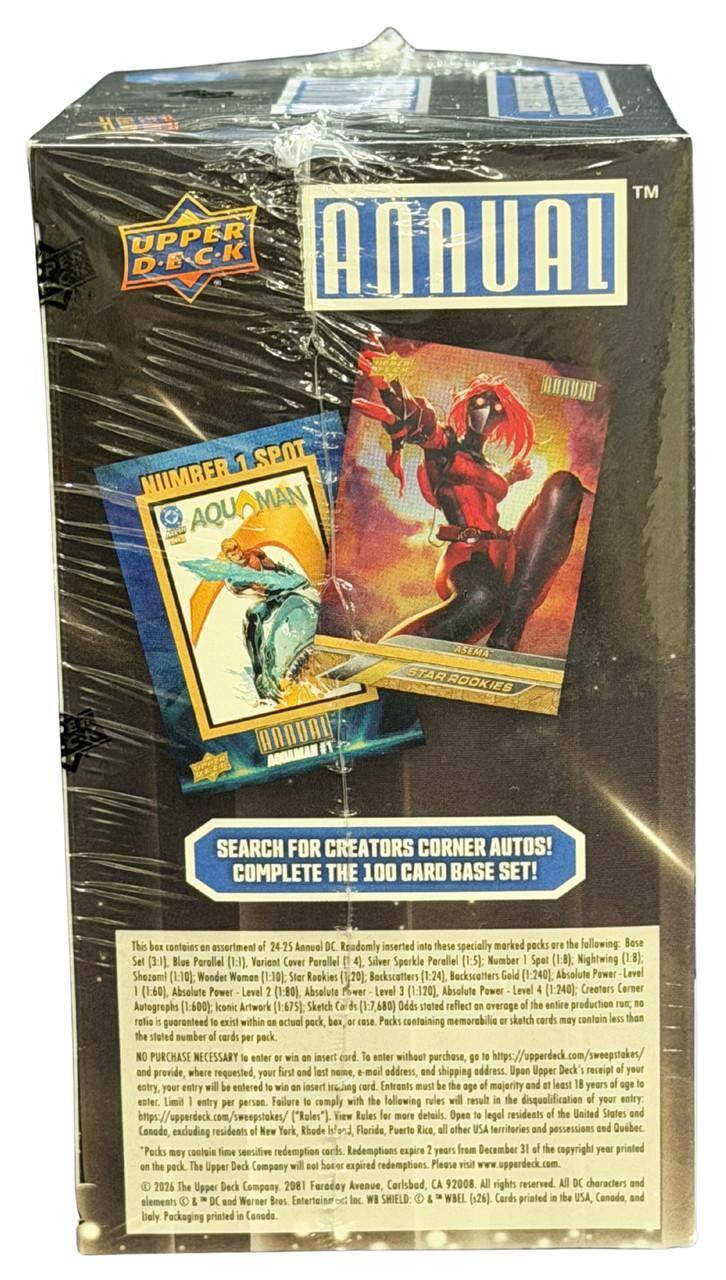 HE TM UPPER DECK ANNUAL PER D.E-C.K SPOT NUMBER MAN AQUAMAN STAR ROOKIES SEARCH FOR CREATORS CORNER AUTOS! COMPLETE THE 100 CARD BASE SET! Contains assortment 24-25 Annual Randomly inserted these specially marked packs following: (3:1), Parallel (E). Variant Cover Parallel Silver Sparkle Parallel (1:5): Number Spot (1:0) Nightwing (1:8): Shazam (1:10): Wonder Woman (1:10): Rookies (1:20) Backscatters (1:24). Backscatters (1:240). Absolute Power Level (1:60), Absolute Power Level (1:80) Absolute Power Level (1:120), Absolute Power Level (1:240): Creators Corner Autographs (1:600): Iconic Artwork (1:675): Sketch (1:7,680) stated reflect overage entire production guaranteed within actual pack, box, Packs containing memorabilia sketch contain stated number cards pack. PURCHASE NECESSARY eard. without purchase, https://upperdeck.com/sweepstakes