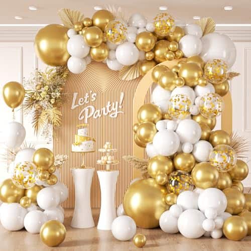 DORLUKFU - 132pcs White and Gold Balloon Arch Kit, Metallic Gold and White Balloons Different Sizes of 18 12 10 Inch Balloons for - White, Metallic Gold